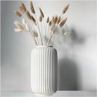 Tall 8 Inch White Ceramic Ribbed Vases for Home Decor Table Centerpieces, Geometric Design Decorative Flowers Vase for Pampas Grass