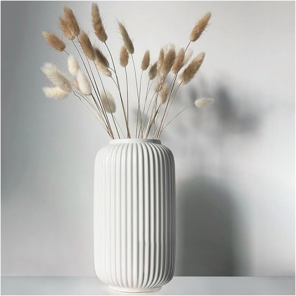 Tall 8 Inch White Ceramic Ribbed Vases for Home Decor Table Centerpieces, Geometric Design Decorative Flowers Vase for Pampas Grass-0