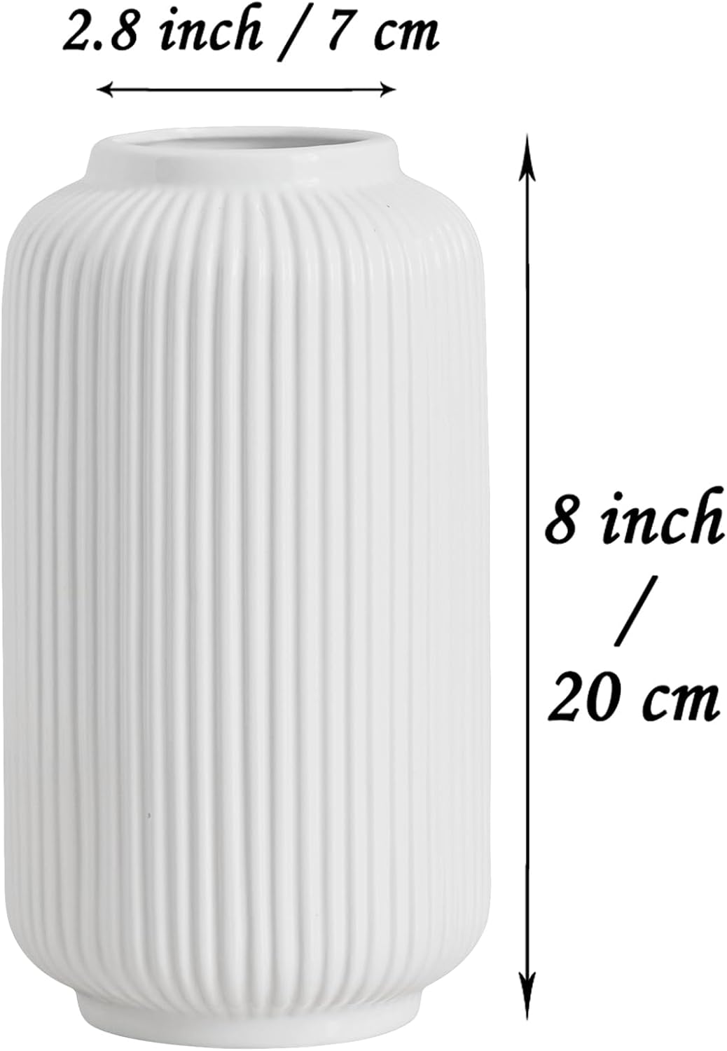 Tall 8 Inch White Ceramic Ribbed Vases for Home Decor Table Centerpieces, Geometric Design Decorative Flowers Vase for Pampas Grass-1