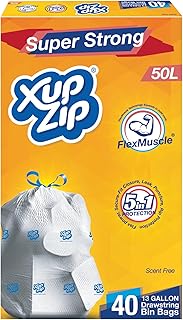 XupZip Drawstring Bin Bags 50L - Heavy Duty Bags - Sturdy Flex Power Trash Bags - Leak-proof Garbage Bags - Easy To Open - Large Bags for Kitchen, Garden, Home Moving (2 ROLLS x 20 (40 BAGS))