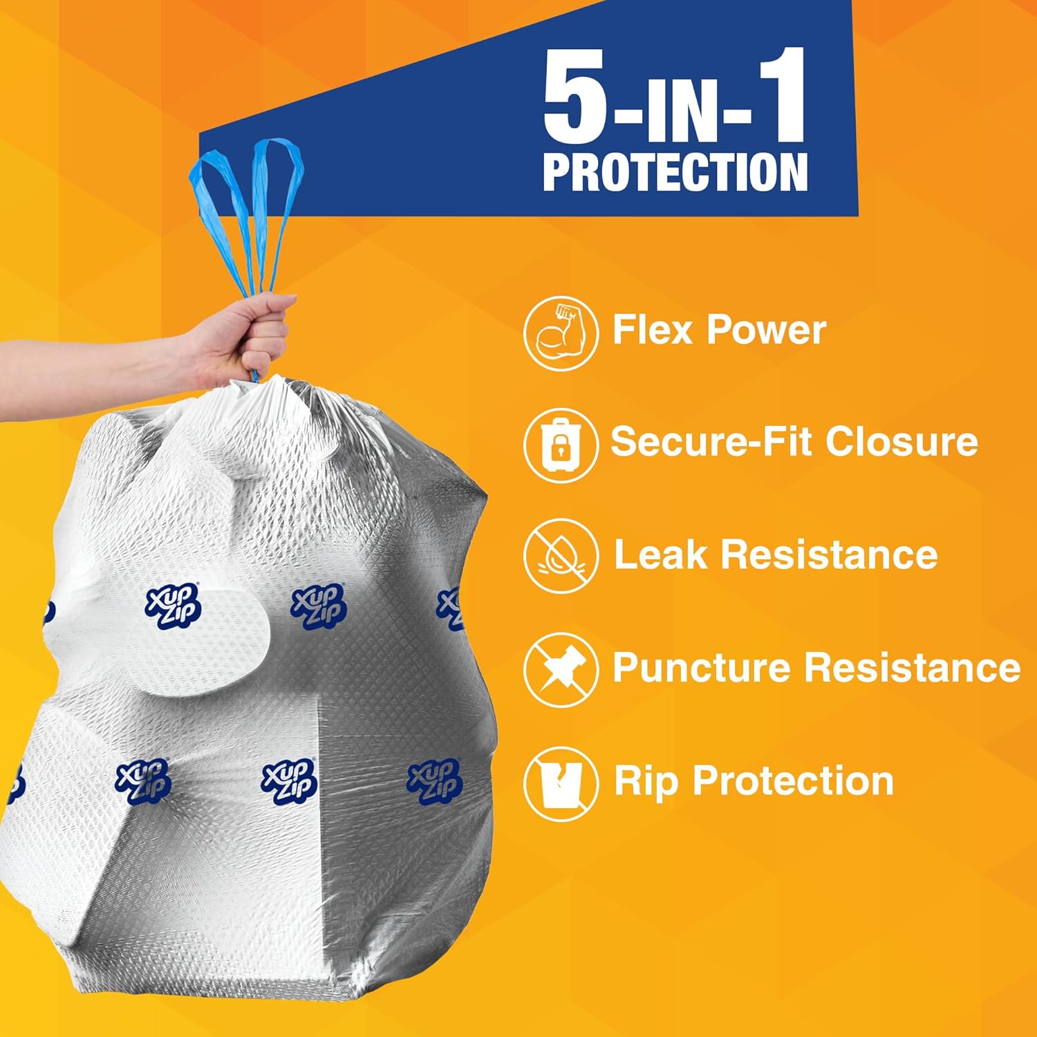 XupZip Drawstring Bin Bags 50L - Heavy Duty Bags - Sturdy Flex Power Trash Bags - Leak-proof Garbage Bags - Easy To Open - Large Bags for Kitchen, Garden, Home Moving (2 ROLLS x 20 (40 BAGS))-2