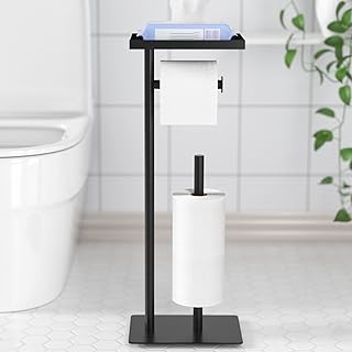 Free-Standing Toilet Roll Holder with Top Storage Shelf, Black Toilet Paper Holder Stand, Floor Standing Toilet Roll Dispenser Storages 4 Reserve Rolls