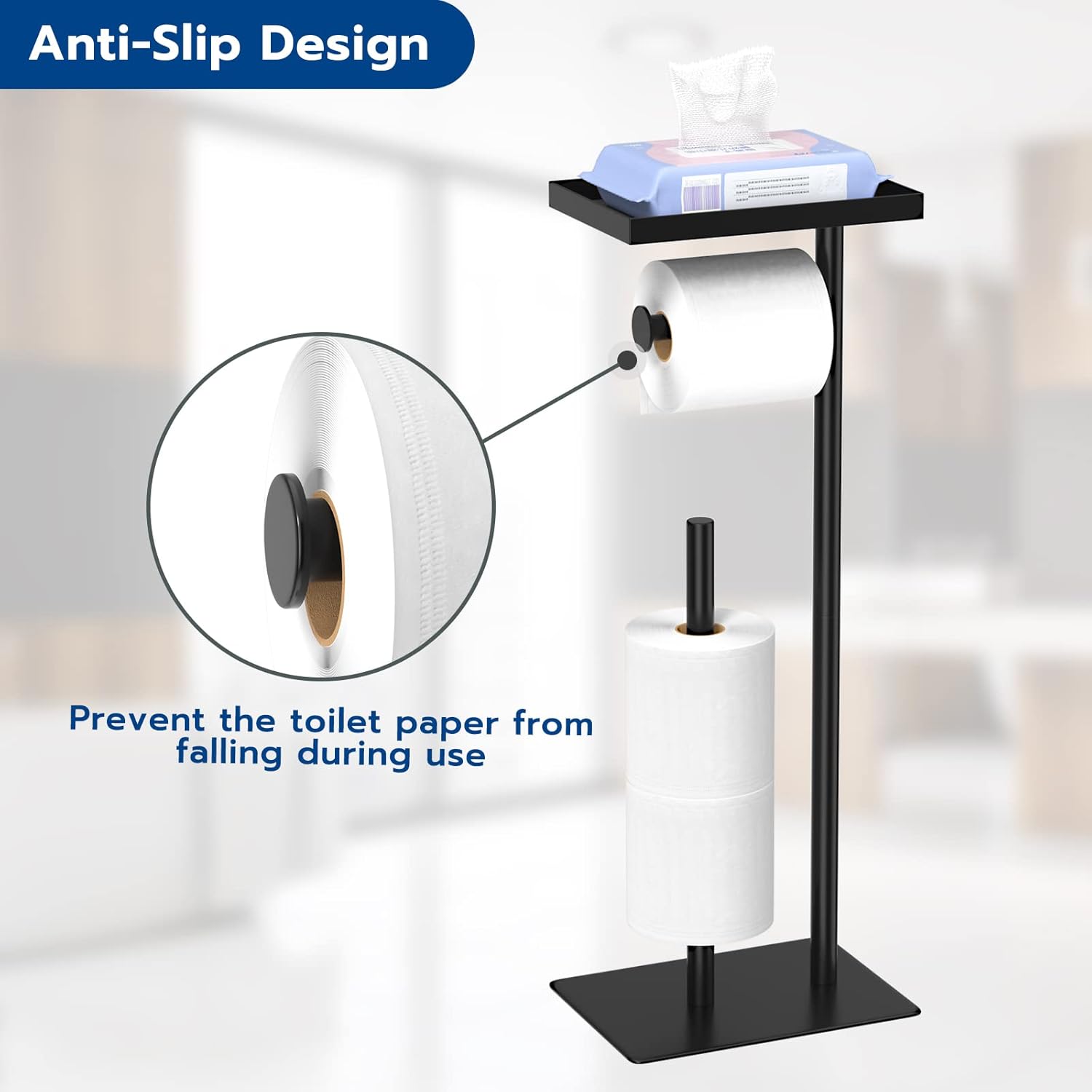 Free-Standing Toilet Roll Holder with Top Storage Shelf, Black Toilet Paper Holder Stand, Floor Standing Toilet Roll Dispenser Storages 4 Reserve Rolls-2