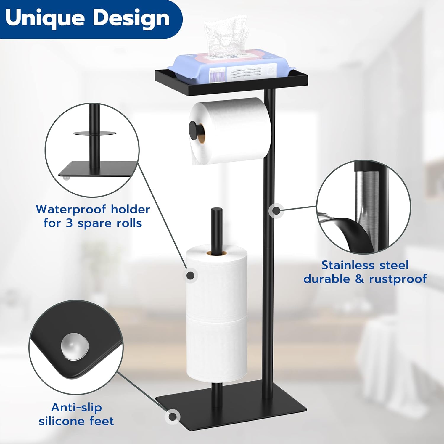 Free-Standing Toilet Roll Holder with Top Storage Shelf, Black Toilet Paper Holder Stand, Floor Standing Toilet Roll Dispenser Storages 4 Reserve Rolls-3