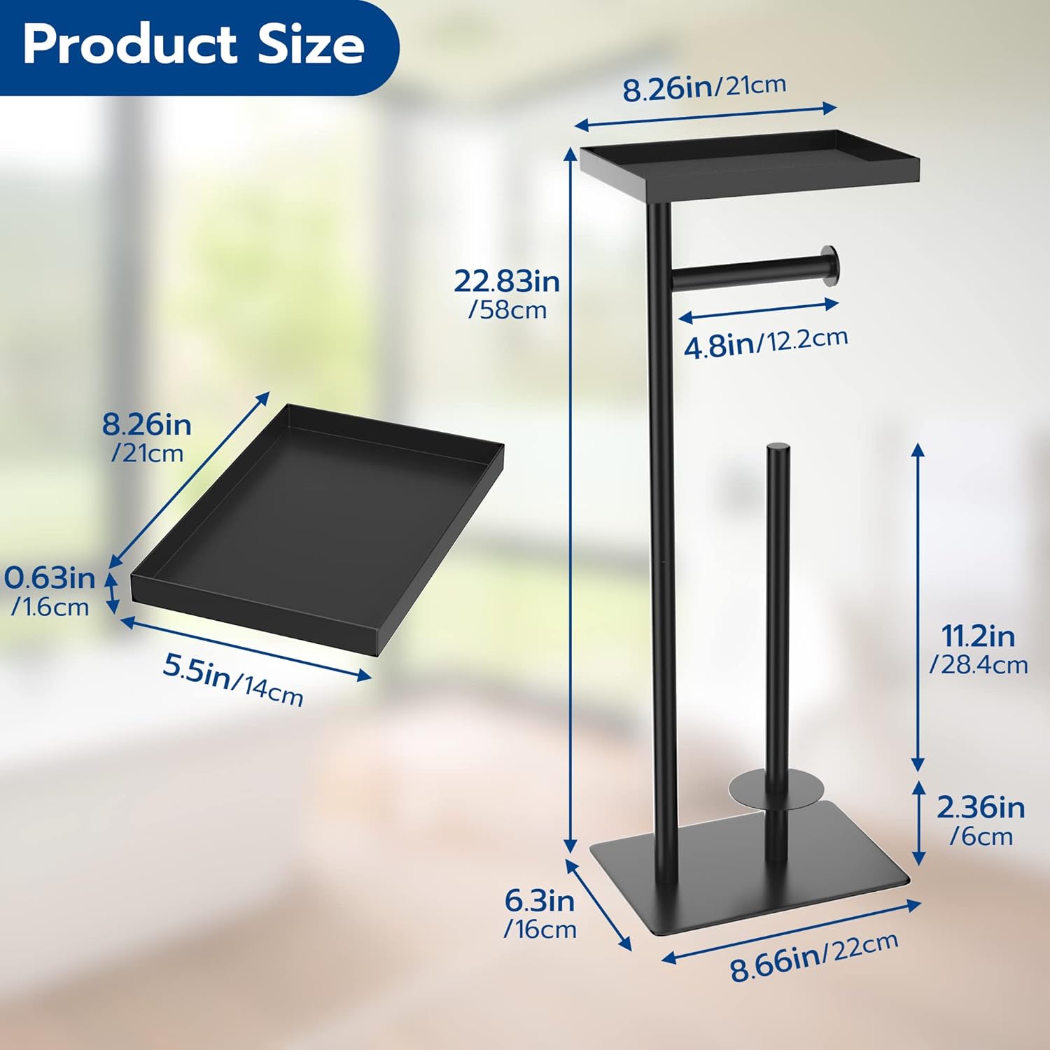 Free-Standing Toilet Roll Holder with Top Storage Shelf, Black Toilet Paper Holder Stand, Floor Standing Toilet Roll Dispenser Storages 4 Reserve Rolls-4