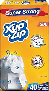 XupZip Drawstring Bin Bags 30L - Heavy Duty Bags - Strong Flex Power Trash Bags - Leakproof Garbage Bags - Easy Open Plastic Bags for Kitchen, Office (2 Rolls x 20 (40 Bags))