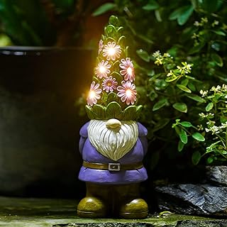 Goodeco Solar Garden Gnome Ornaments Figurines Funny for Outdoor,29CM Gnomes Garden Decorations Outdoor Weatherproof with Flowers LED Lights Decor for Patio Lawn Outdoor Garden Gnome Gifts