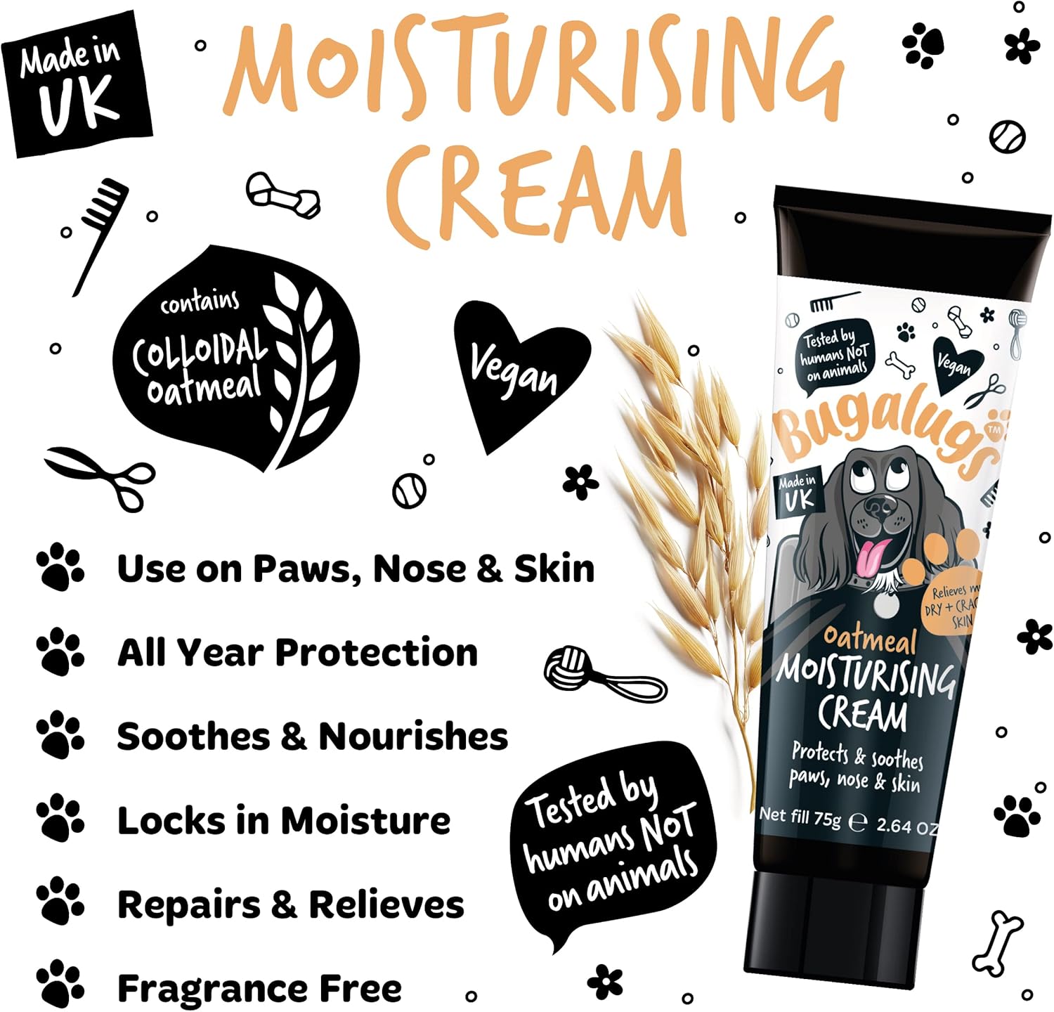 BUGALUGS Dog nose balm 75g, Moisturising cream for paws, nose and skin for dogs contains Colloidal Oatmeal, Vegan formula nose balm for dogs reduces skin irritation and redness (75g Moisturiser)-1