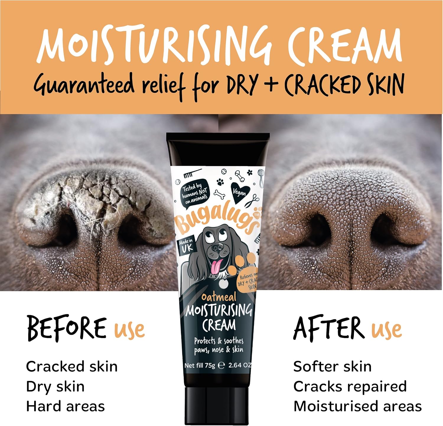 BUGALUGS Dog nose balm 75g, Moisturising cream for paws, nose and skin for dogs contains Colloidal Oatmeal, Vegan formula nose balm for dogs reduces skin irritation and redness (75g Moisturiser)-2