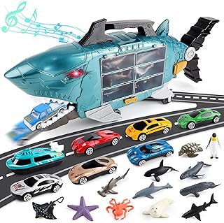 deAO Shark Transport Truck Toy Cars for Kids with Light & Music, Shark Toys Truck with 18PCS Sea Animal Toys and 8 PCS Truck Toys, Shark Toy Cars for 3+ Years Old Boys Girls