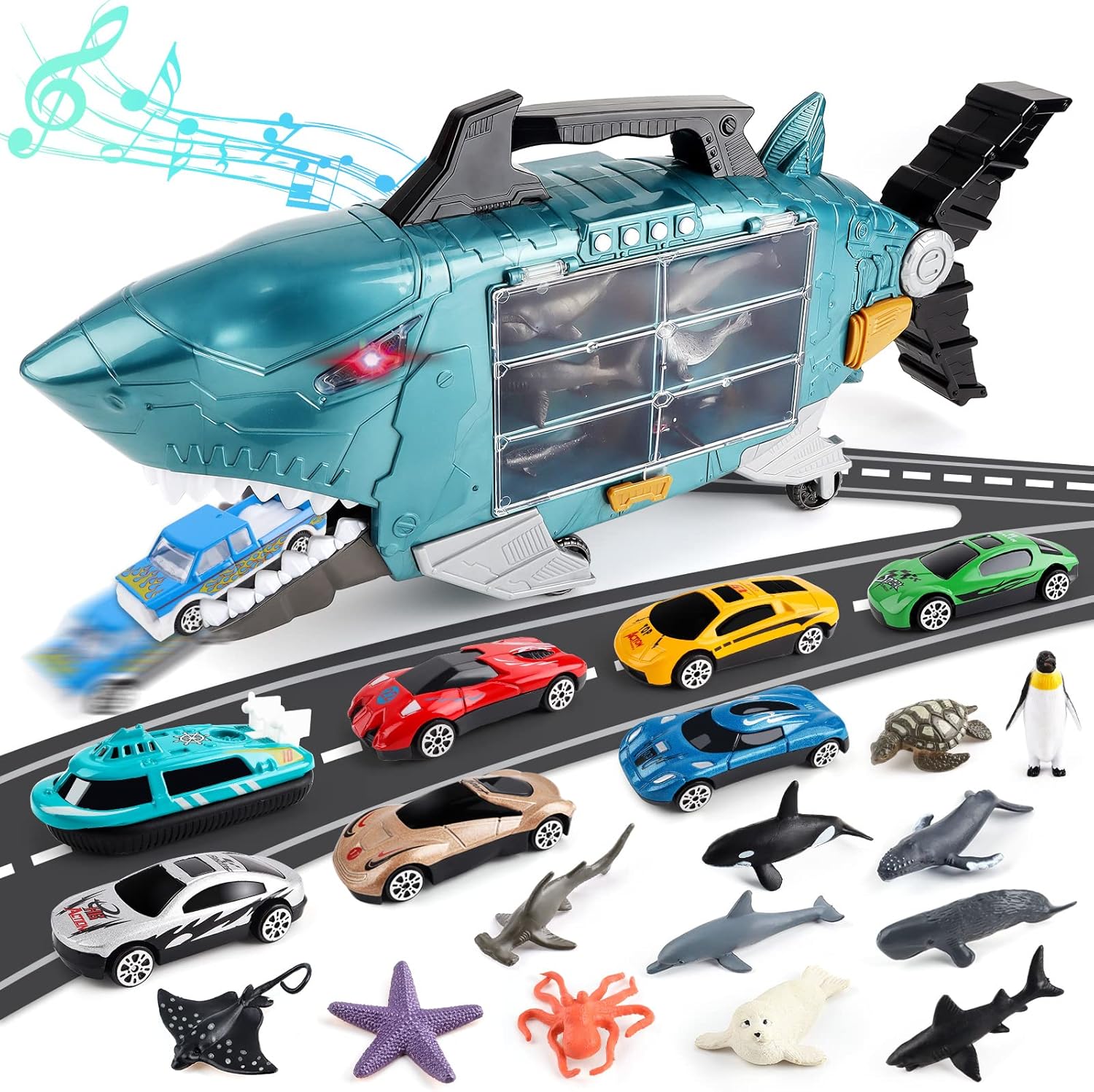 deAO Shark Transport Truck Toy Cars for Kids with Light & Music, Shark Toys Truck with 18PCS Sea Animal Toys and 8 PCS Truck Toys, Shark Toy Cars for 3+ Years Old Boys Girls-0