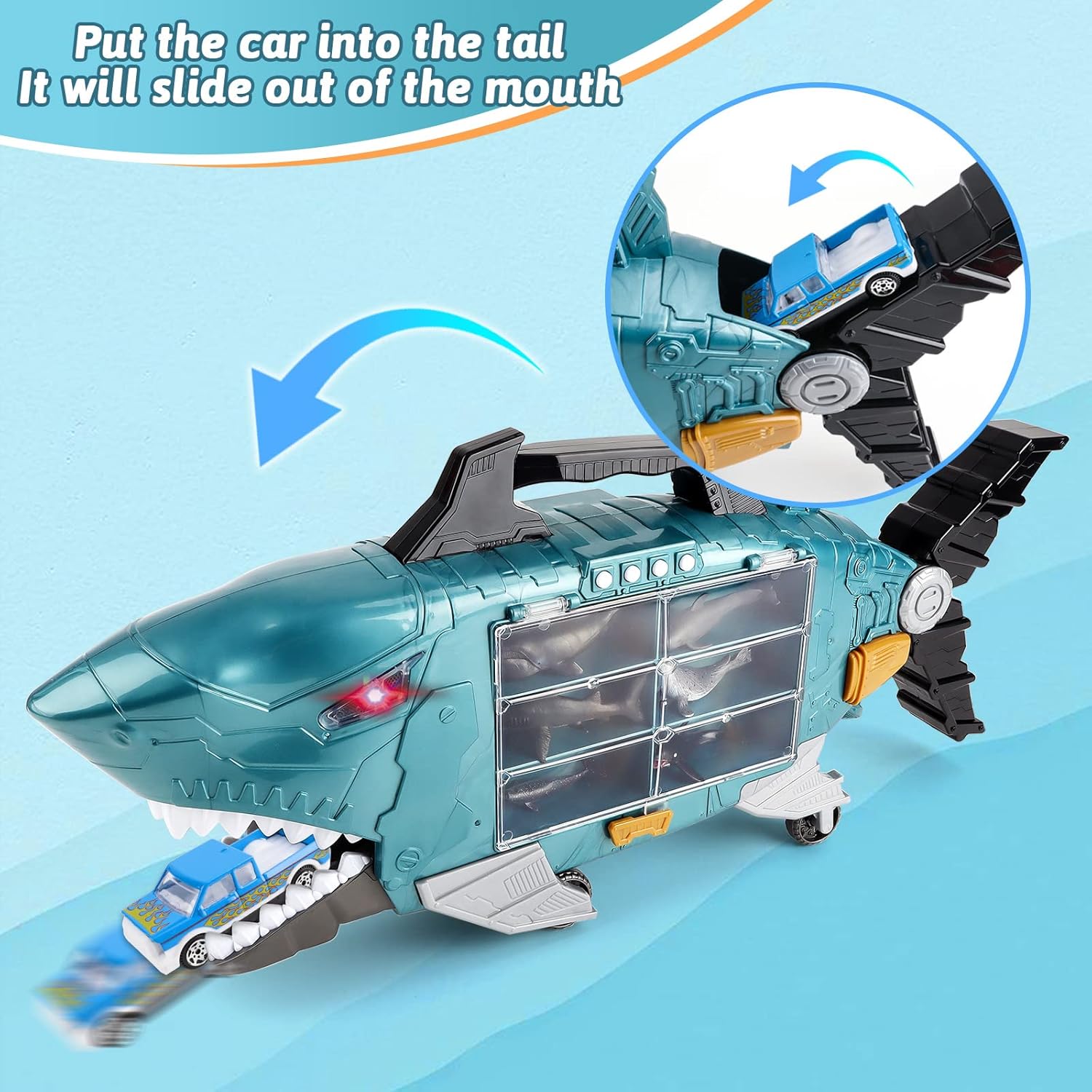 deAO Shark Transport Truck Toy Cars for Kids with Light & Music, Shark Toys Truck with 18PCS Sea Animal Toys and 8 PCS Truck Toys, Shark Toy Cars for 3+ Years Old Boys Girls-1