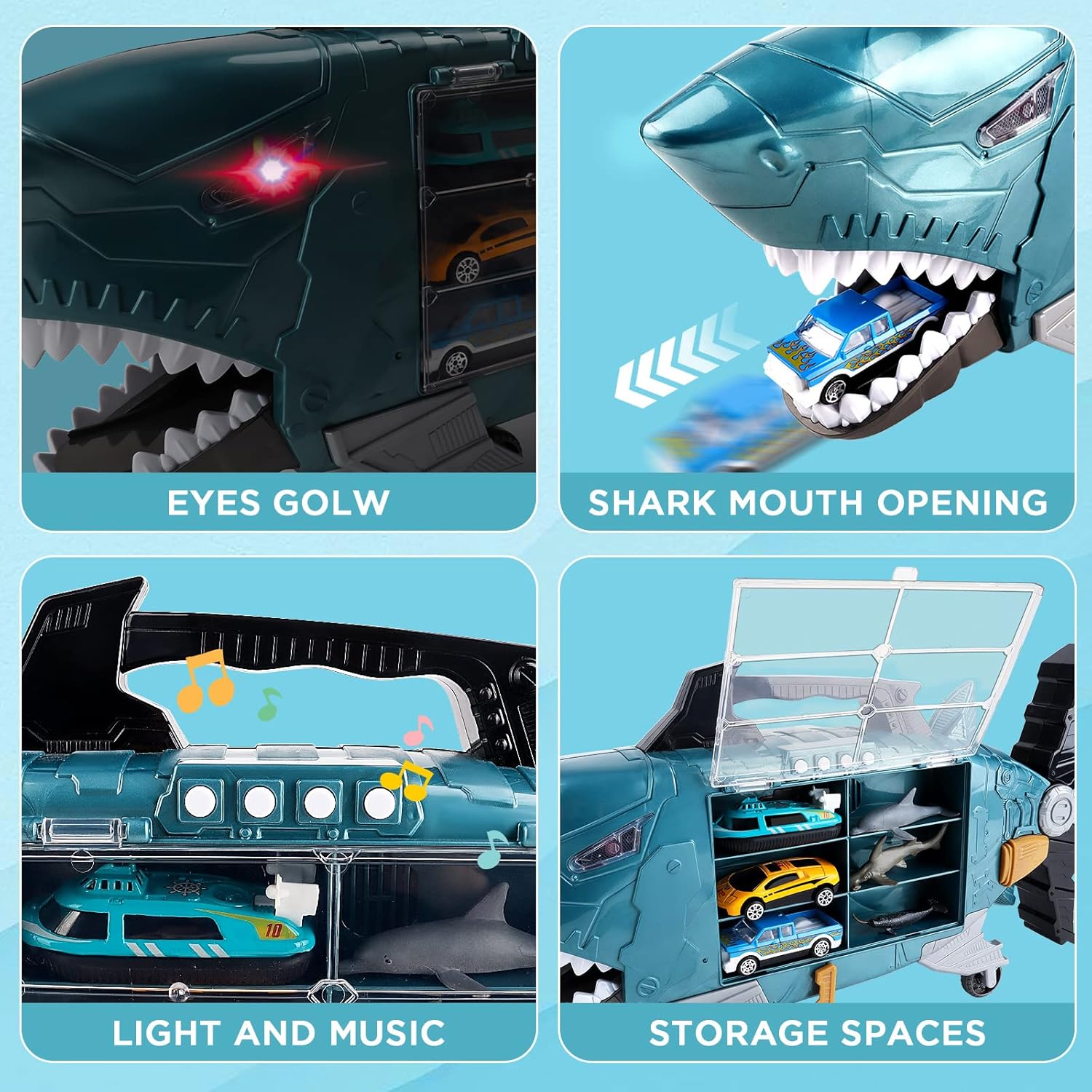 deAO Shark Transport Truck Toy Cars for Kids with Light & Music, Shark Toys Truck with 18PCS Sea Animal Toys and 8 PCS Truck Toys, Shark Toy Cars for 3+ Years Old Boys Girls-3