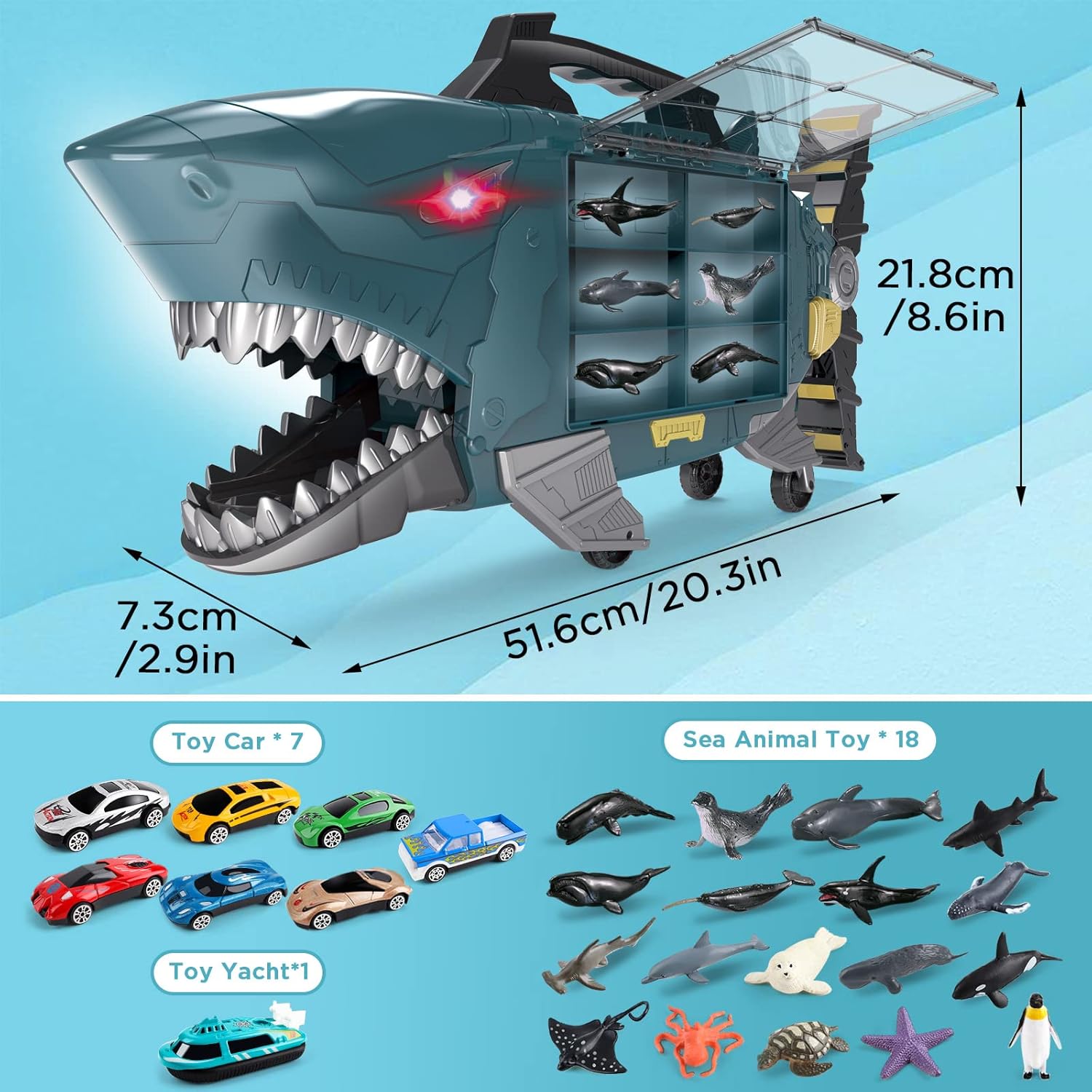 deAO Shark Transport Truck Toy Cars for Kids with Light & Music, Shark Toys Truck with 18PCS Sea Animal Toys and 8 PCS Truck Toys, Shark Toy Cars for 3+ Years Old Boys Girls-4