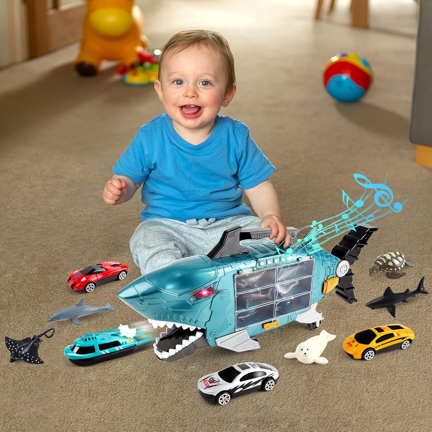 deAO Shark Transport Truck Toy Cars for Kids with Light & Music, Shark Toys Truck with 18PCS Sea Animal Toys and 8 PCS Truck Toys, Shark Toy Cars for 3+ Years Old Boys Girls-5