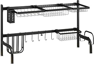 HOMCOM Over The Sink Dish Drying Rack, 2 Tier Adjustable Dish Drainer(51-93cm), Space Saving Kitchen Counter Shelf Organiser, Black