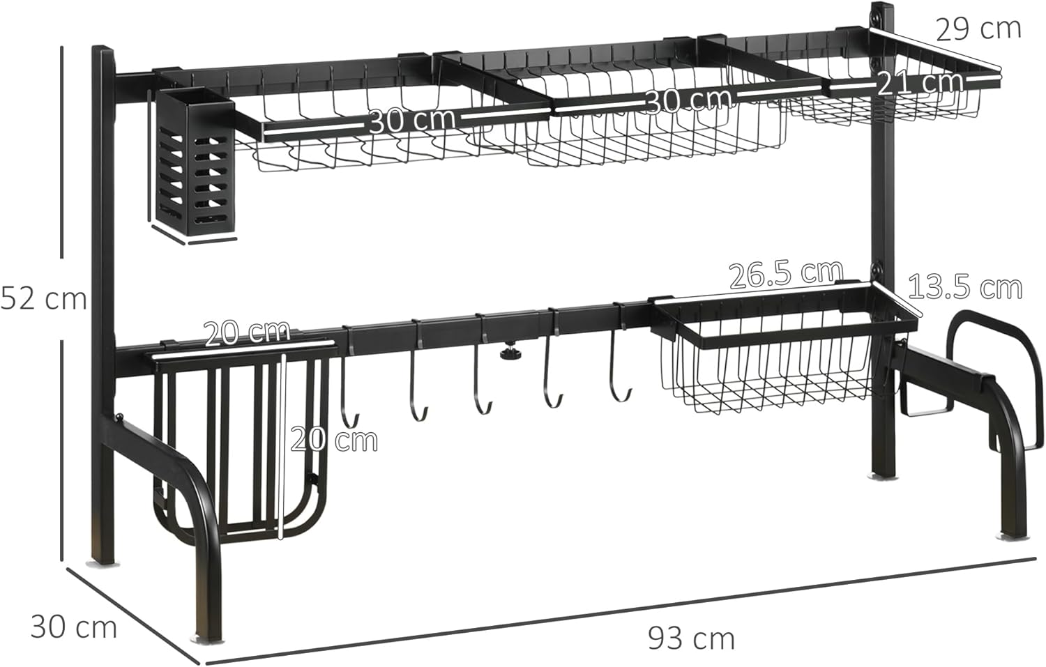 HOMCOM Over The Sink Dish Drying Rack, 2 Tier Adjustable Dish Drainer(51-93cm), Space Saving Kitchen Counter Shelf Organiser, Black-4