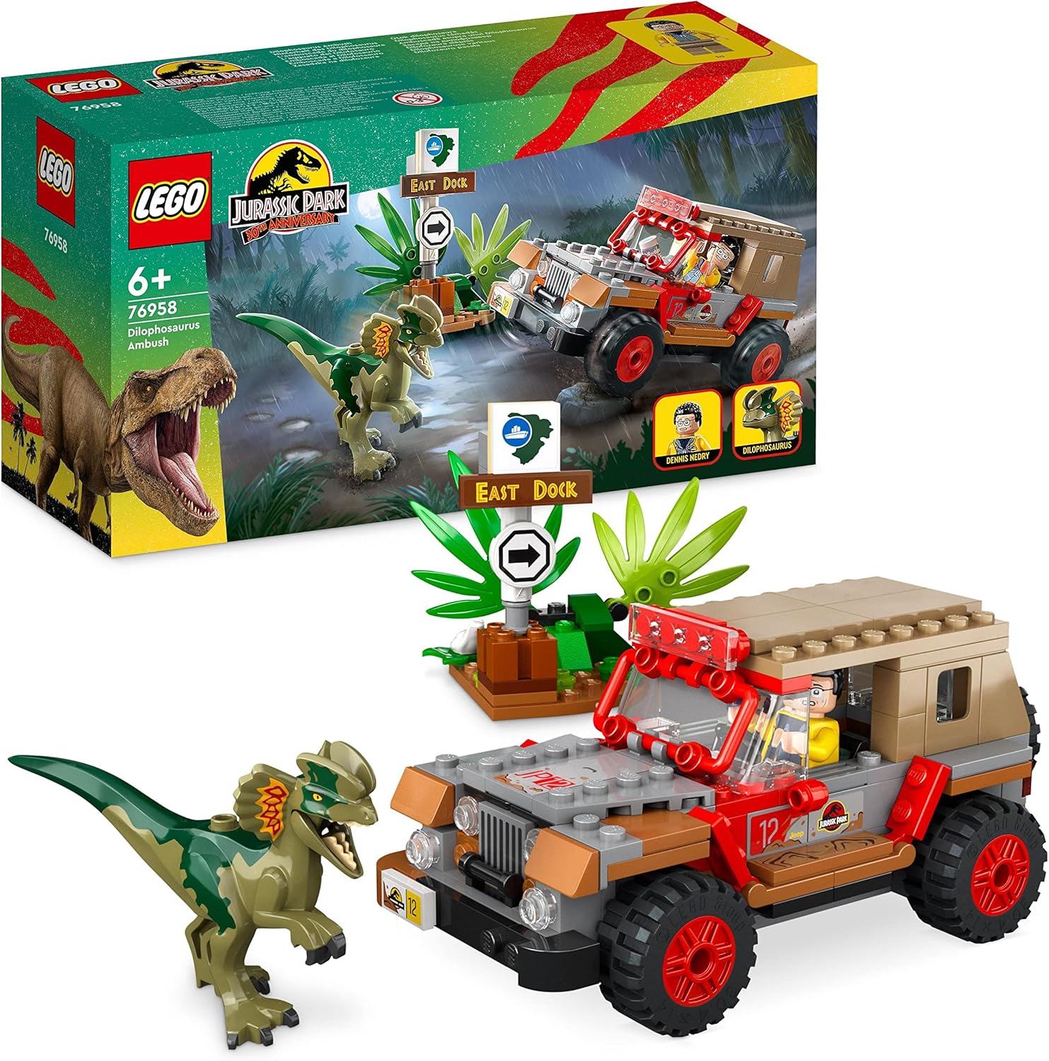 LEGO Jurassic Park Dilophosaurus Ambush Dinosaur Toy for Boys, Girls, Kids 6 Plus Years Old, with Dino Figure and Jeep Car Toy, 30th Anniversary Collection Set 76958-0