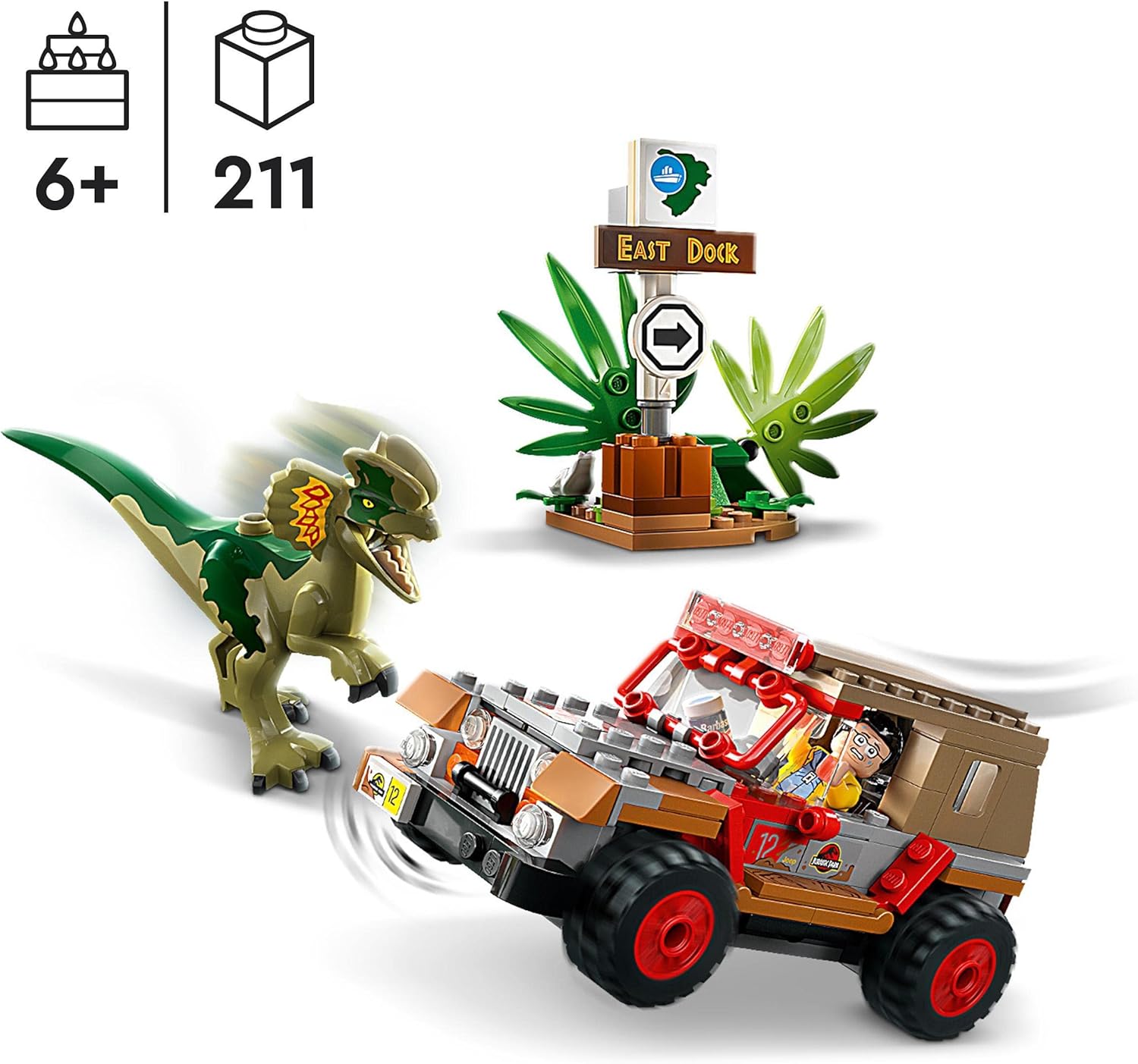 LEGO Jurassic Park Dilophosaurus Ambush Dinosaur Toy for Boys, Girls, Kids 6 Plus Years Old, with Dino Figure and Jeep Car Toy, 30th Anniversary Collection Set 76958-2