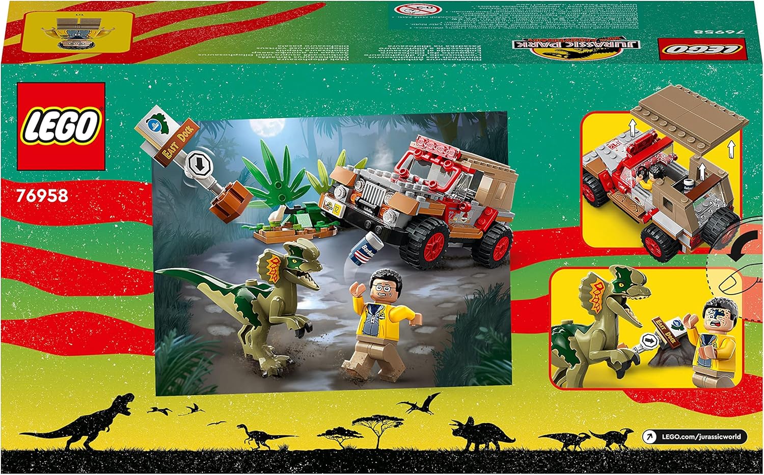 LEGO Jurassic Park Dilophosaurus Ambush Dinosaur Toy for Boys, Girls, Kids 6 Plus Years Old, with Dino Figure and Jeep Car Toy, 30th Anniversary Collection Set 76958-8