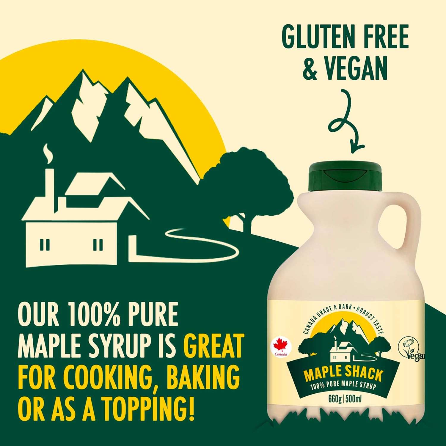 Maple Shack 100% Pure Canadian Maple Syrup 500ml - 660g Grade A, Dark Maple Syrup with Caramel Taste - Ideal for Pancakes, Waffles and Baking-1