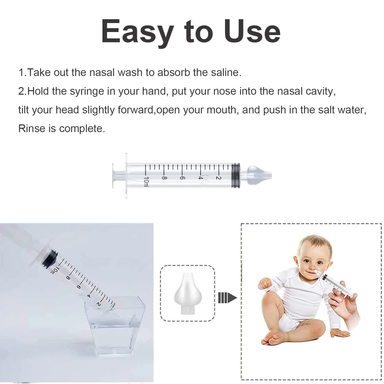 2Pcs Baby Nasal Aspirator,Nasal Irrigator Syringe for Baby,Baby Nose Cleaner Tool,Reusable Silicone Nasal Suction Tip,10ML,White-3