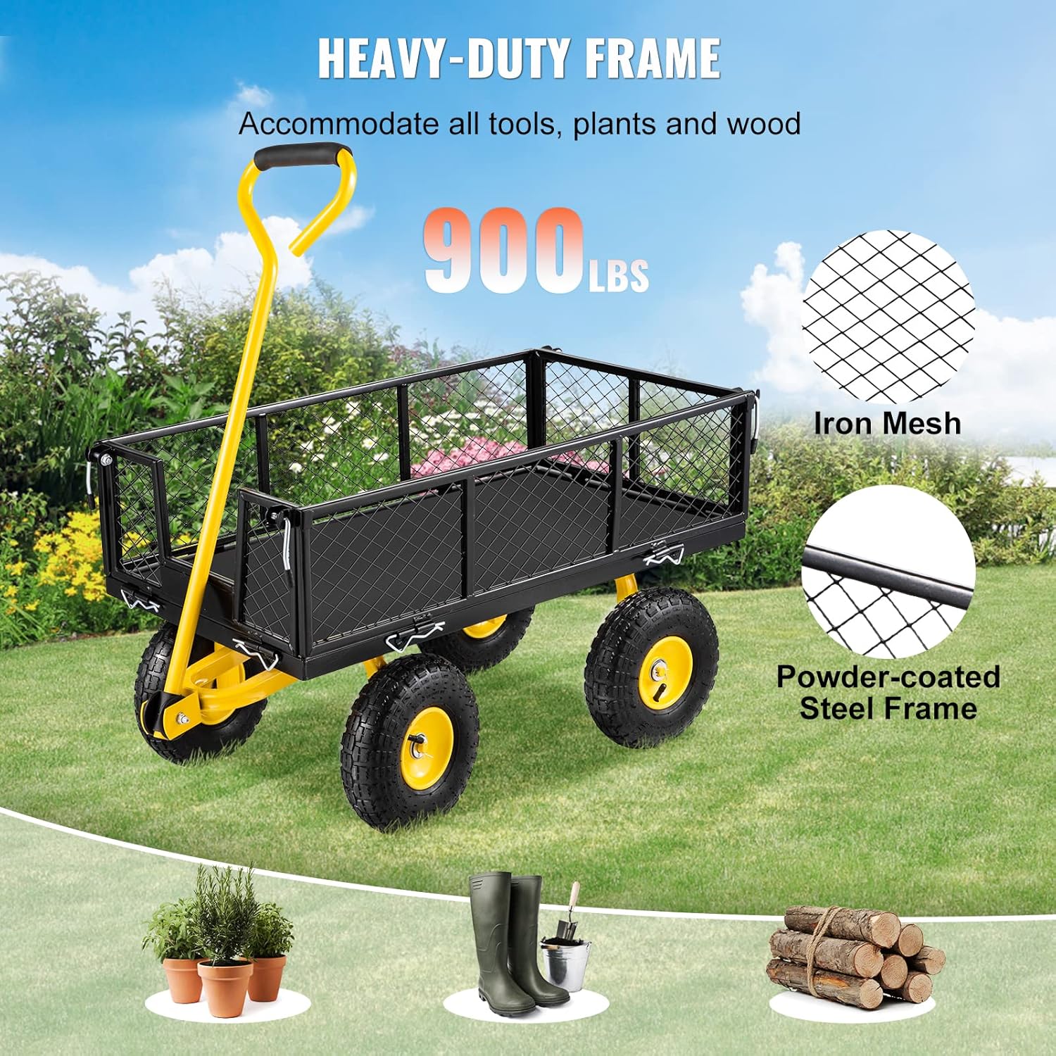 VEVOR Steel Garden Cart, Heavy Duty 900 lbs Capacity, with Removable Mesh Sides to Convert into Flatbed, Utility Metal Wagon with 180° Rotating Handle and 10 in Tires, Perfect for Garden, Farm, Yard-2