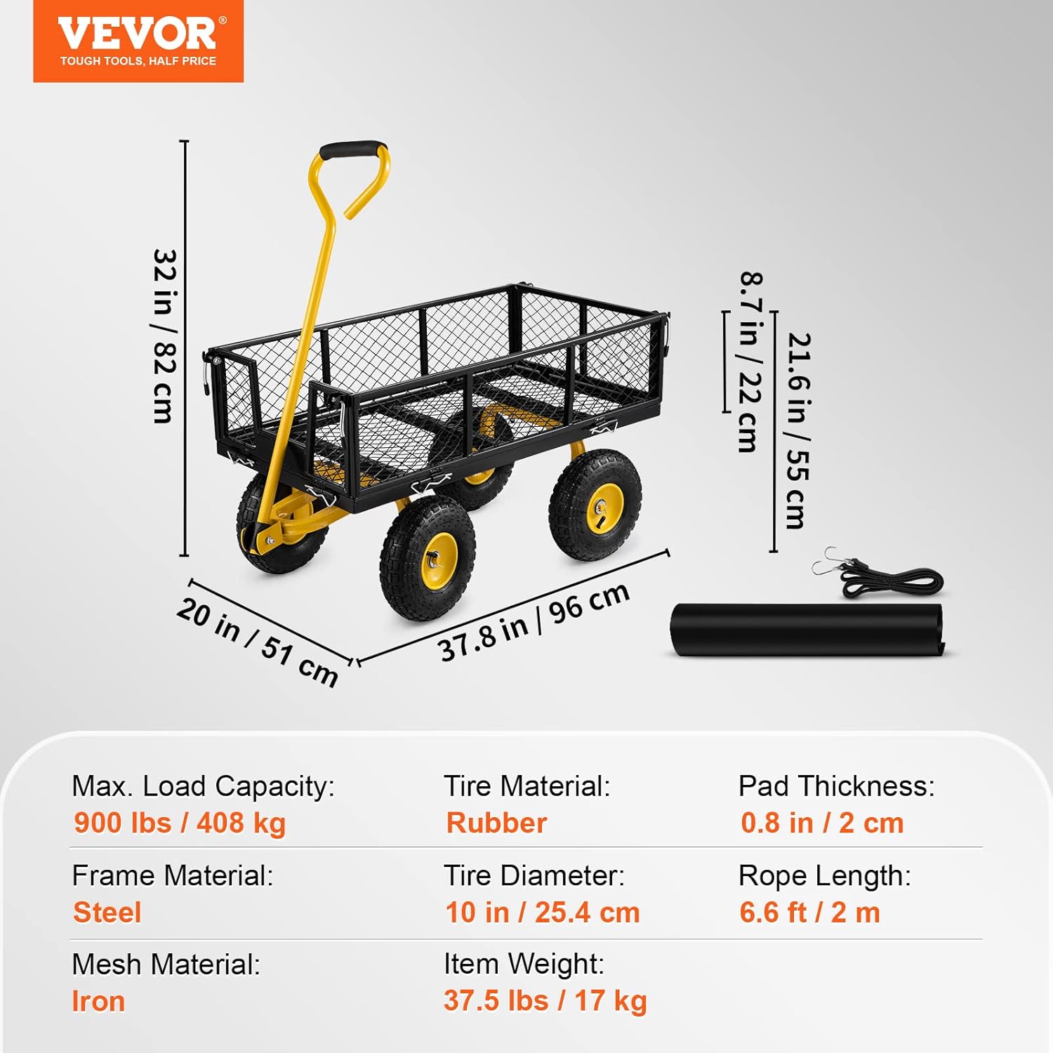 VEVOR Steel Garden Cart, Heavy Duty 900 lbs Capacity, with Removable Mesh Sides to Convert into Flatbed, Utility Metal Wagon with 180° Rotating Handle and 10 in Tires, Perfect for Garden, Farm, Yard-6