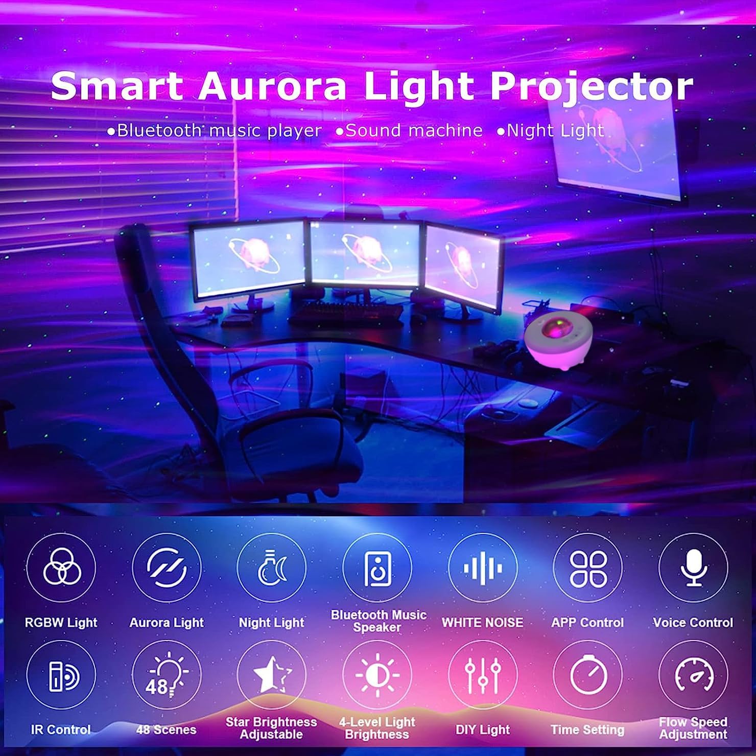 YunLone Aurora Starry Light Projector Smart Galaxy Star Music Planetarium Projector Night Light Starlight Projector with Remote/Voice Control, Bluetooth Music, Sound Machine for Kids and Adult-Gray-1