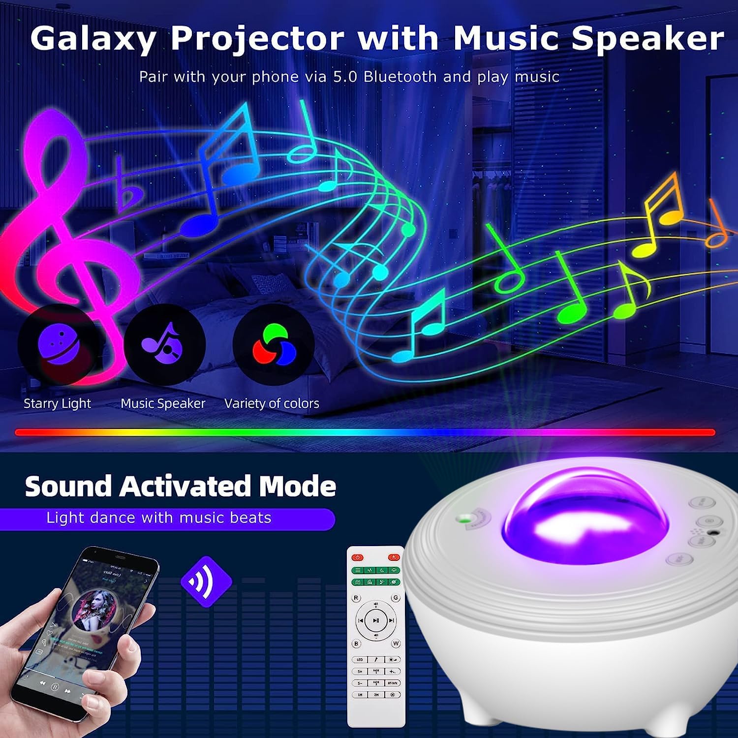 YunLone Aurora Starry Light Projector Smart Galaxy Star Music Planetarium Projector Night Light Starlight Projector with Remote/Voice Control, Bluetooth Music, Sound Machine for Kids and Adult-Gray-2