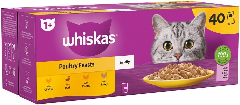 Whiskas 1+ Adult Poultry Selection in Jelly 40 Pouches, Adult Wet Cat Food, Megapack (40 x 85 g)-0