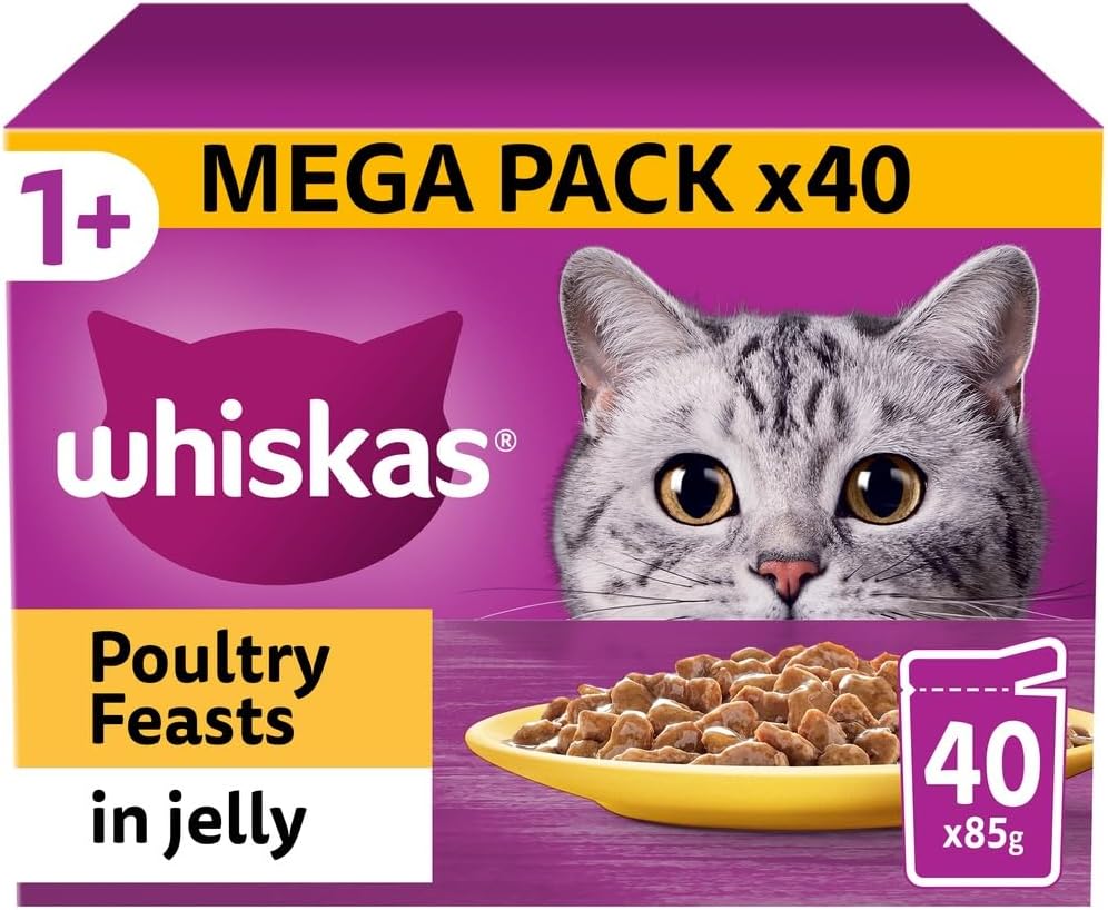 Whiskas 1+ Adult Poultry Selection in Jelly 40 Pouches, Adult Wet Cat Food, Megapack (40 x 85 g)-1