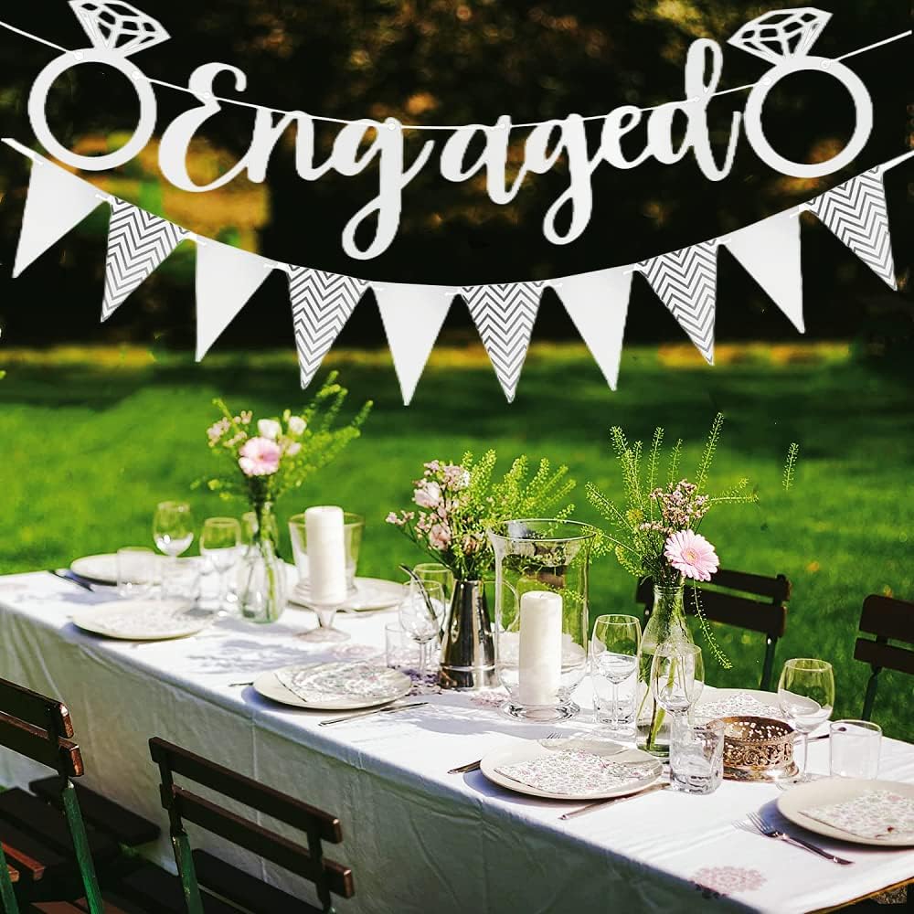 VHIMASA Engagement Banner Engagement Party Decoration Engagement Bunting Party Wedding Prop Banner (Silver)-3