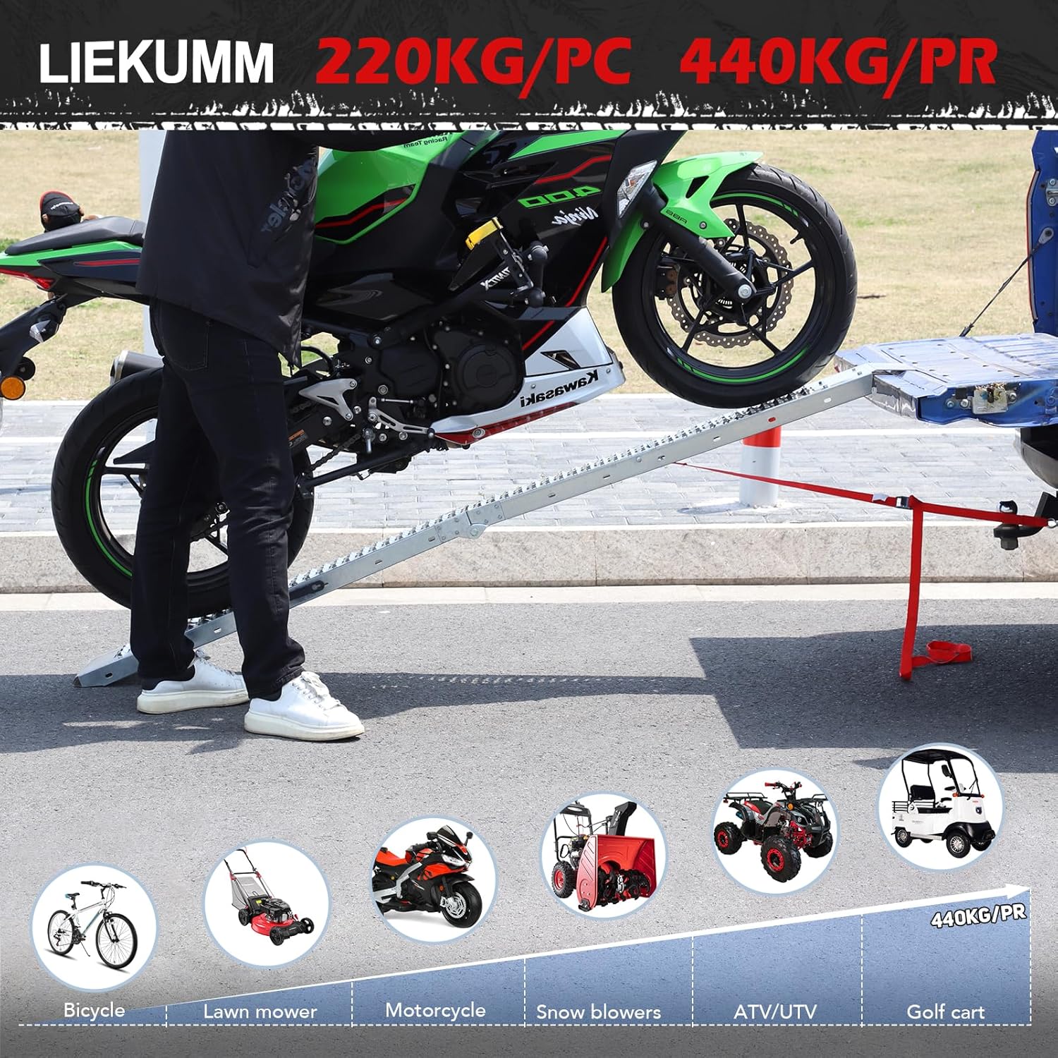 LIEKUMM Heavy Duty Loading Ramps, 210x22cm Foldable Loading Ramps, Motorbike Ramps for ATV, Quadbike, Scooter, Lawnmower, Motorbike, Trailer, Van, Pack of 2, 440kg Capacity-1