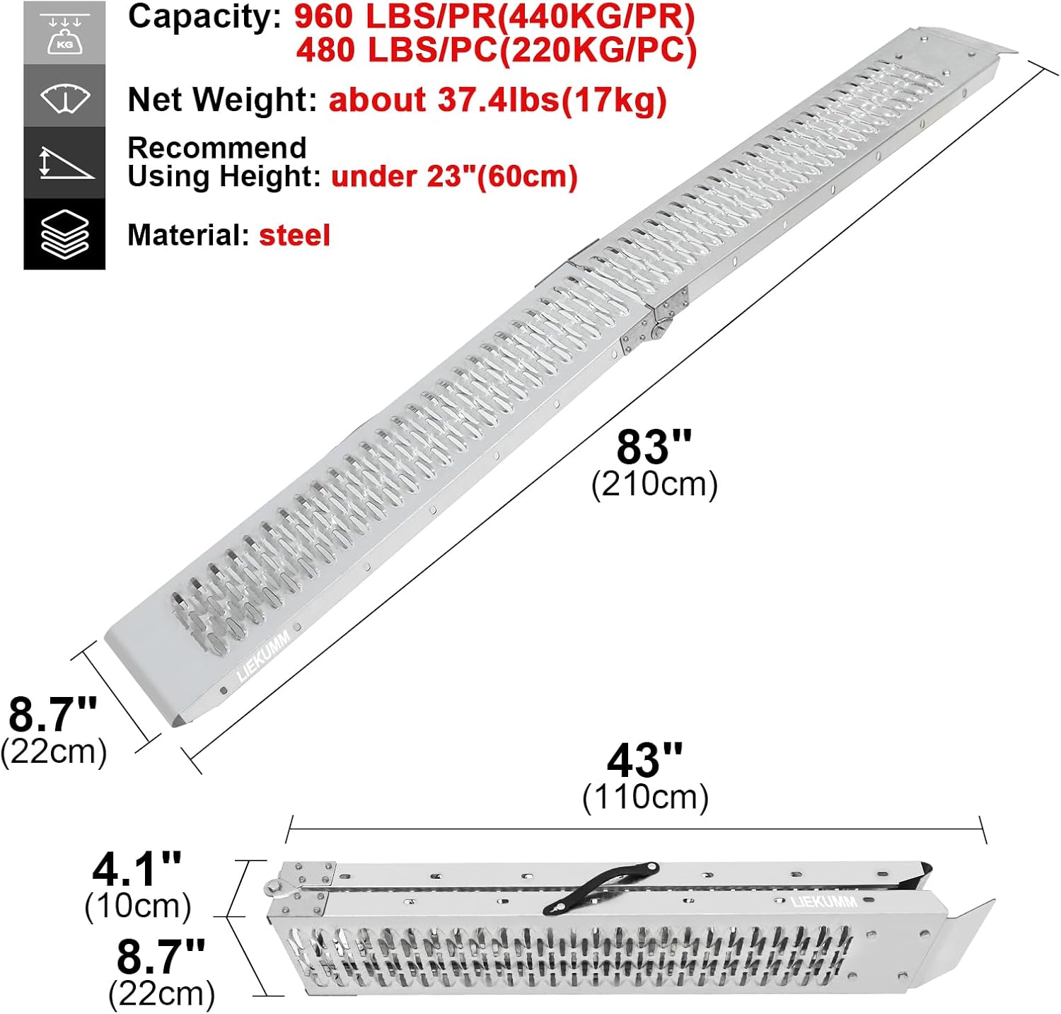 LIEKUMM Heavy Duty Loading Ramps, 210x22cm Foldable Loading Ramps, Motorbike Ramps for ATV, Quadbike, Scooter, Lawnmower, Motorbike, Trailer, Van, Pack of 2, 440kg Capacity-2