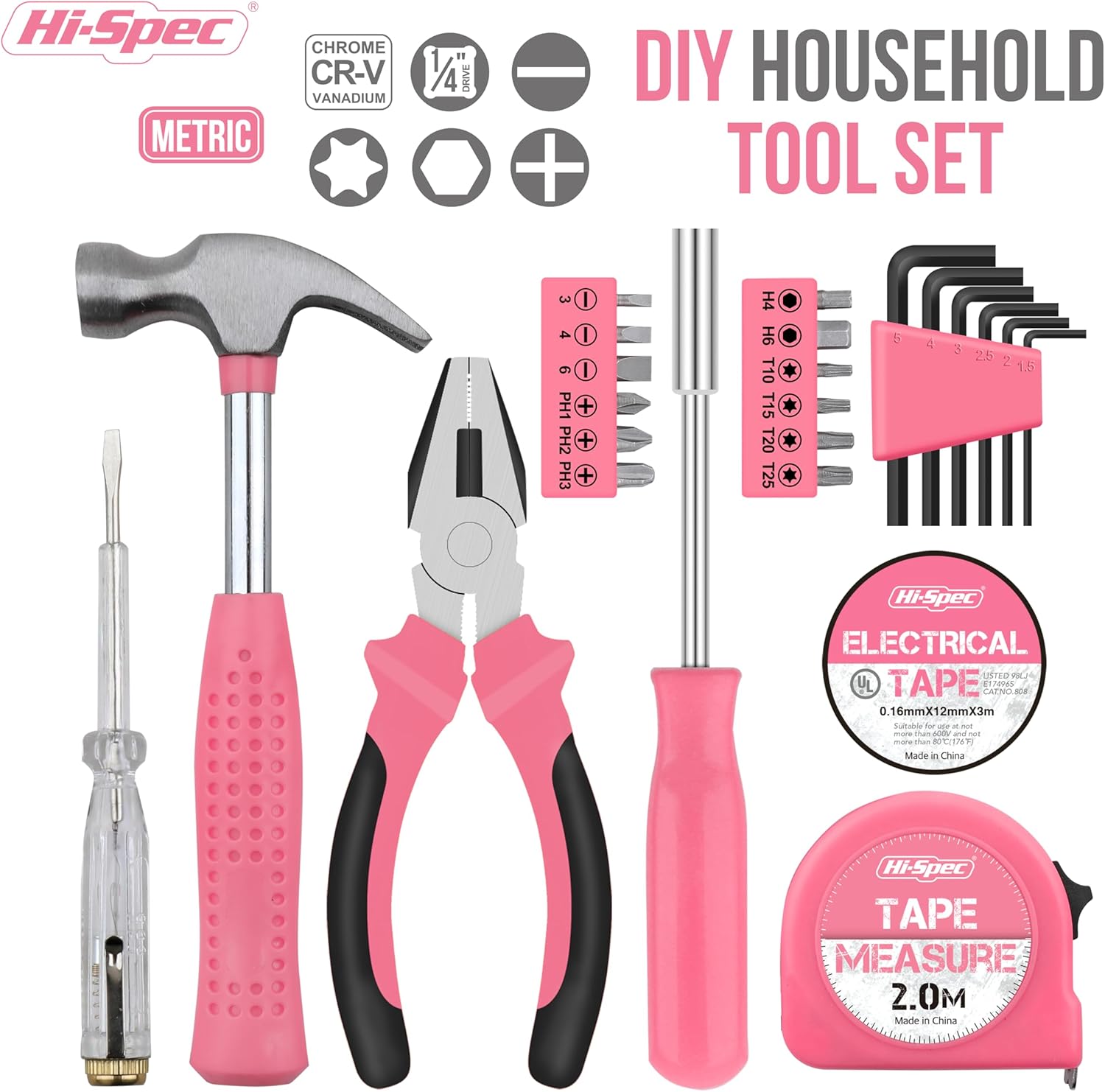 Hi-Spec 24pc Pink Tool Kit for Women - Small DIY Household Mini Tool Set of Starter Basic Ladies DIY Tools for Home & Office - Tool Box with Hand Tools Included-1