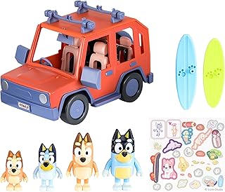 Bluey Heeler Family 4WD Vehicle and 4 Figure Pack, 2.5-3 Inch Figures, 2 Surfboards Accessories and Stickers Amazon Exclusive