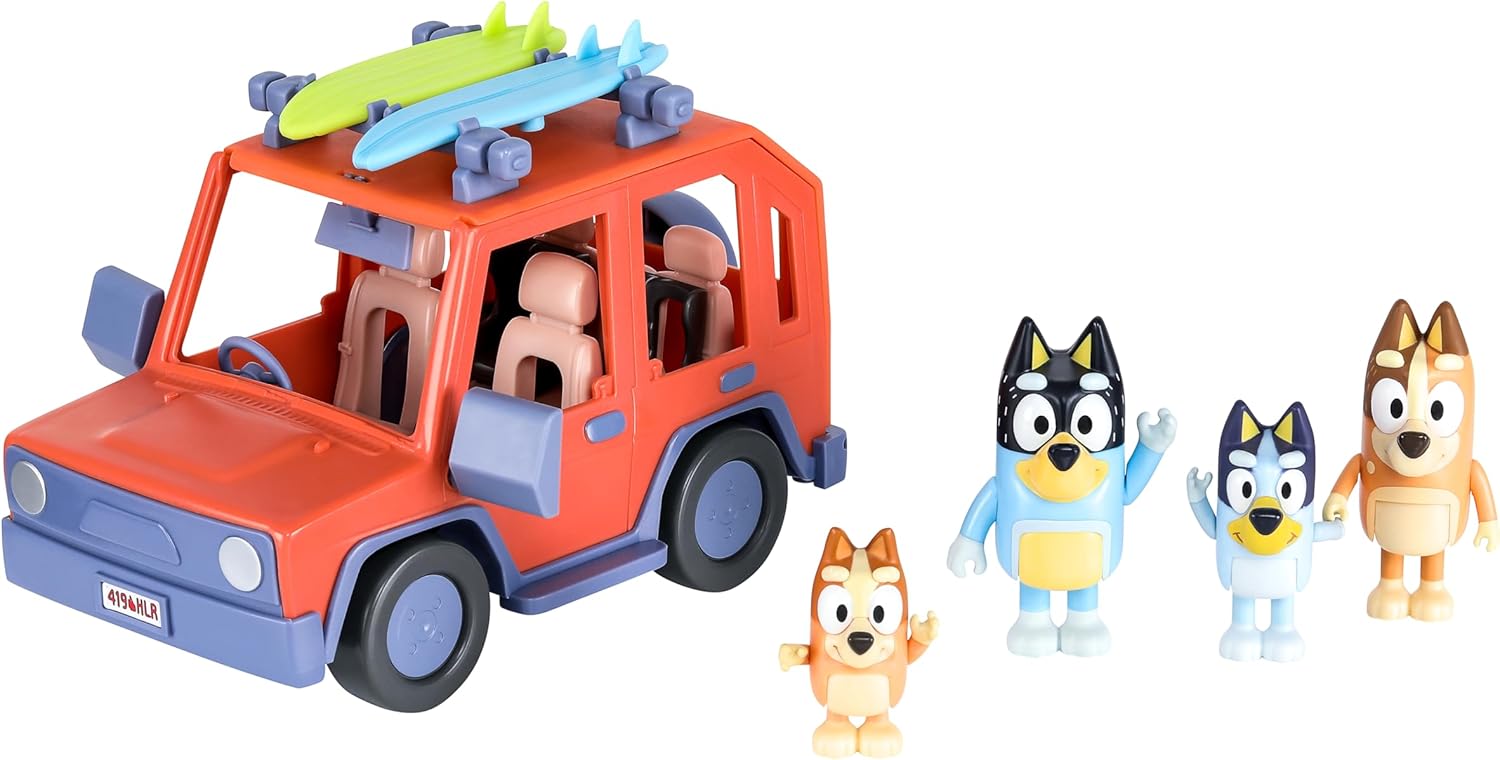 Bluey Heeler Family 4WD Vehicle and 4 Figure Pack, 2.5-3 Inch Figures, 2 Surfboards Accessories and Stickers Amazon Exclusive-1