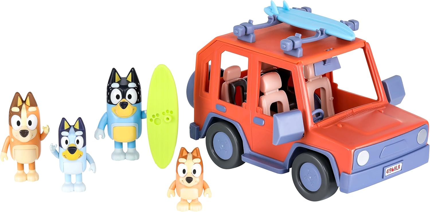 Bluey Heeler Family 4WD Vehicle and 4 Figure Pack, 2.5-3 Inch Figures, 2 Surfboards Accessories and Stickers Amazon Exclusive-2