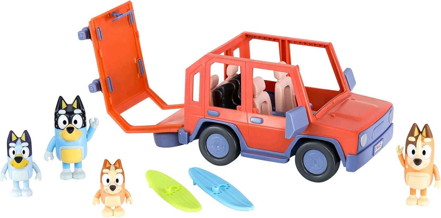 Bluey Heeler Family 4WD Vehicle and 4 Figure Pack, 2.5-3 Inch Figures, 2 Surfboards Accessories and Stickers Amazon Exclusive-4