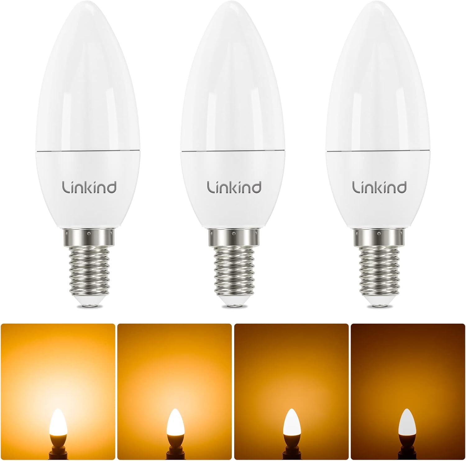 Linkind E14 Dimmable Led Candle Light Bulbs, B35 Small Screw Light Bulb, Warm White 2700K, 470lm, 4.2W (Equivalent to 40W) Energy Saving, SES E14 Candle Bulbs, Pack of 3-0