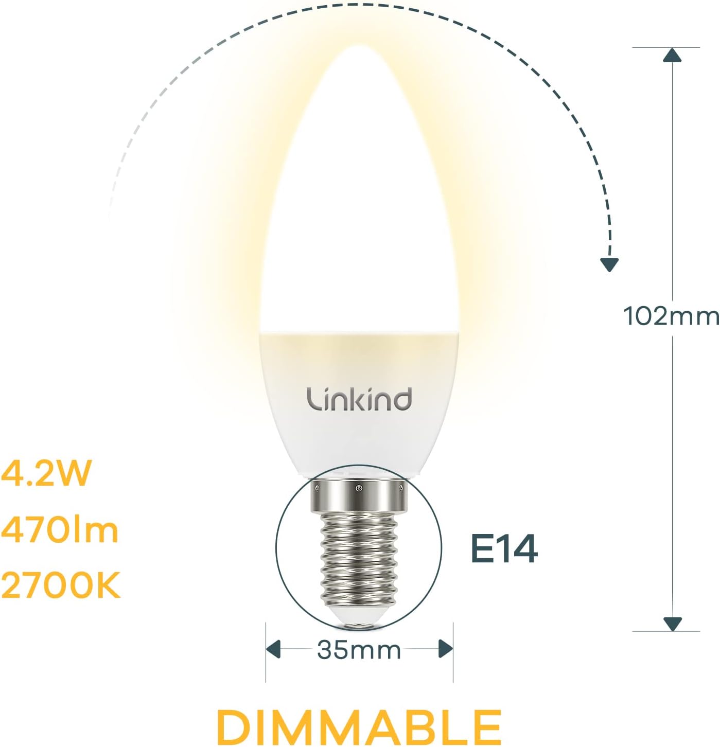 Linkind E14 Dimmable Led Candle Light Bulbs, B35 Small Screw Light Bulb, Warm White 2700K, 470lm, 4.2W (Equivalent to 40W) Energy Saving, SES E14 Candle Bulbs, Pack of 3-1