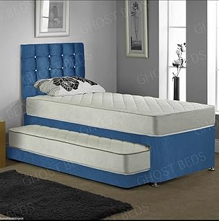 GHOST BEDS Trundle Guest Bed Pull out With Mattresses and Faigo Diamond Headboard (Blue)