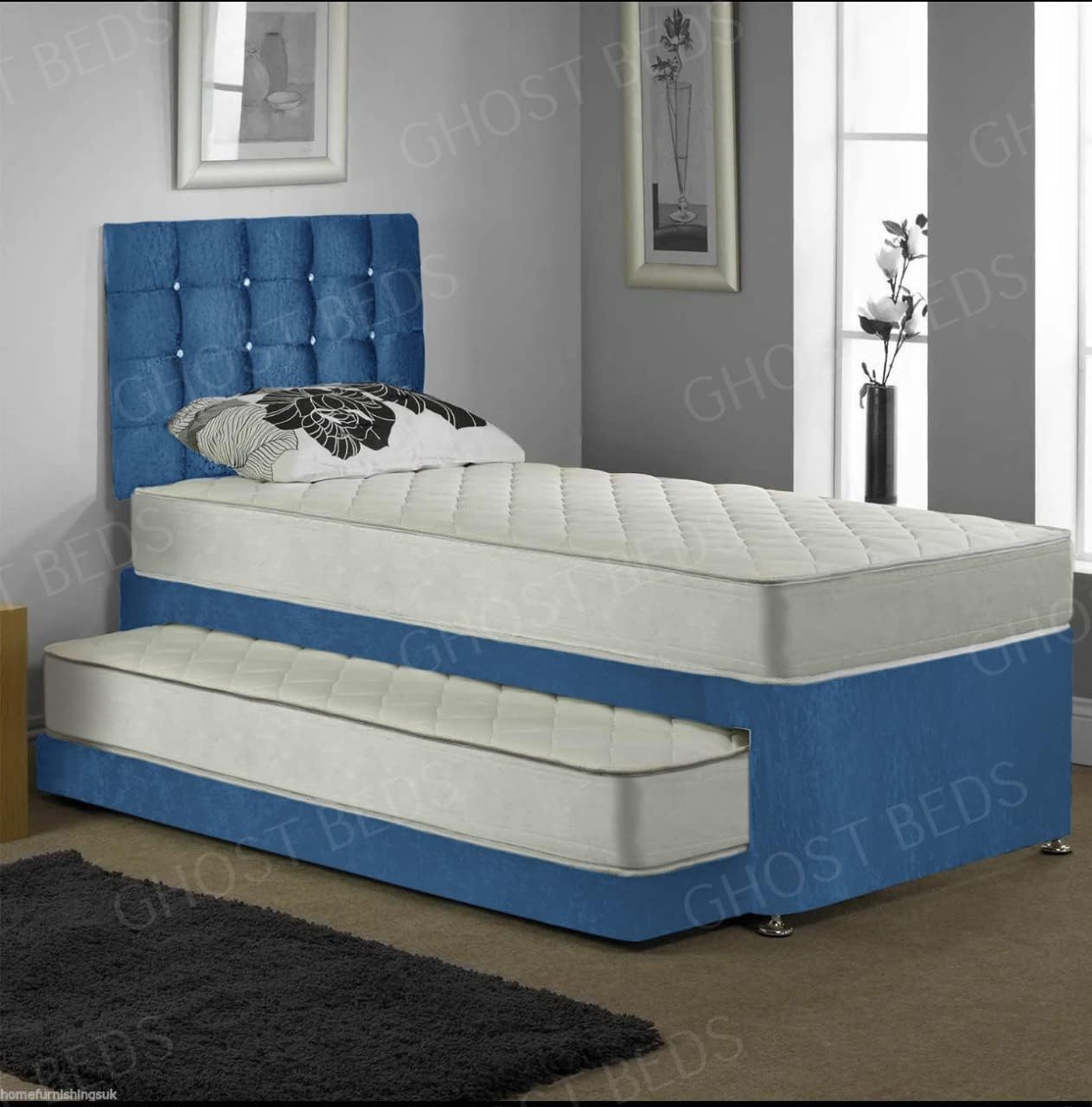 GHOST BEDS Trundle Guest Bed Pull out With Mattresses and Faigo Diamond Headboard (Blue)-0