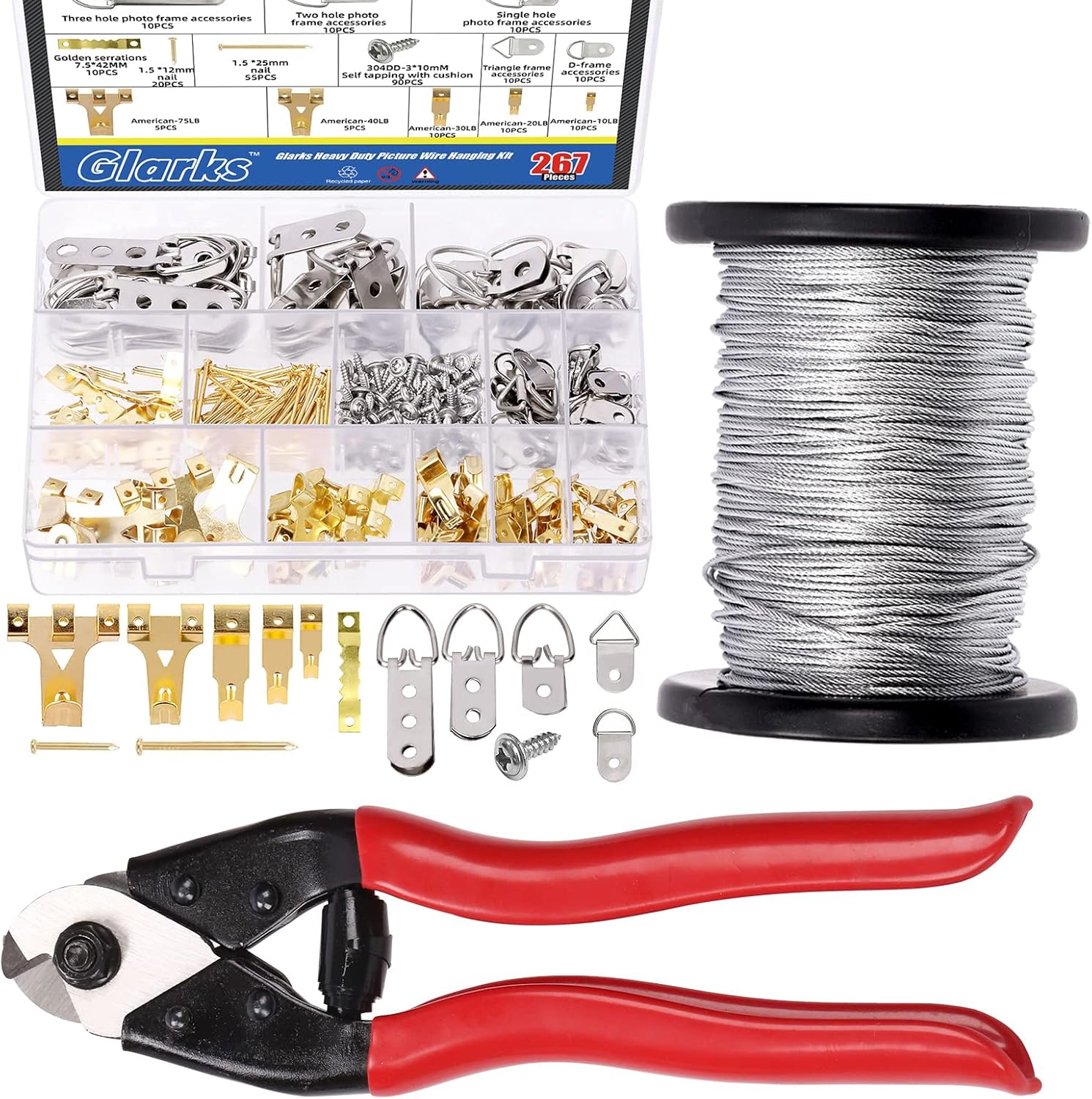 Glarks 267Pcs Heavy Duty Picture Wire Hanging Kit, 164Ft Braided Picture Wire and 8" Cable Cutter with Screws, Assorted Picture Hangers Set for Hanging Photo Frames Mirror Wall Art-0