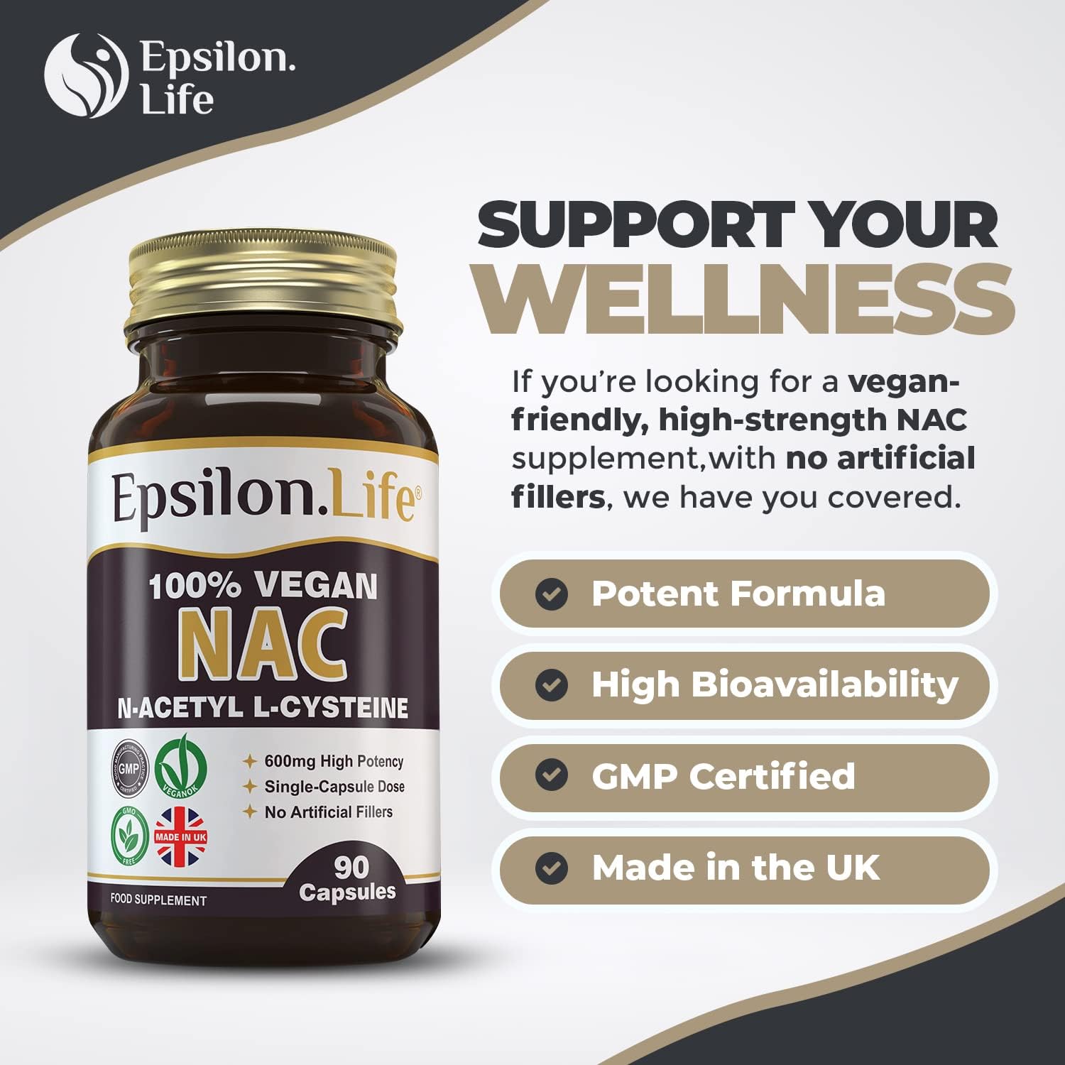 NAC N-Acetyl-Cysteine 600mg Vegan Supplement - 90 Capsules to Help Replenish Your Glutathione Levels - Made in The UK - No Artificial Fillers - Just NAC and Rice Flour-1