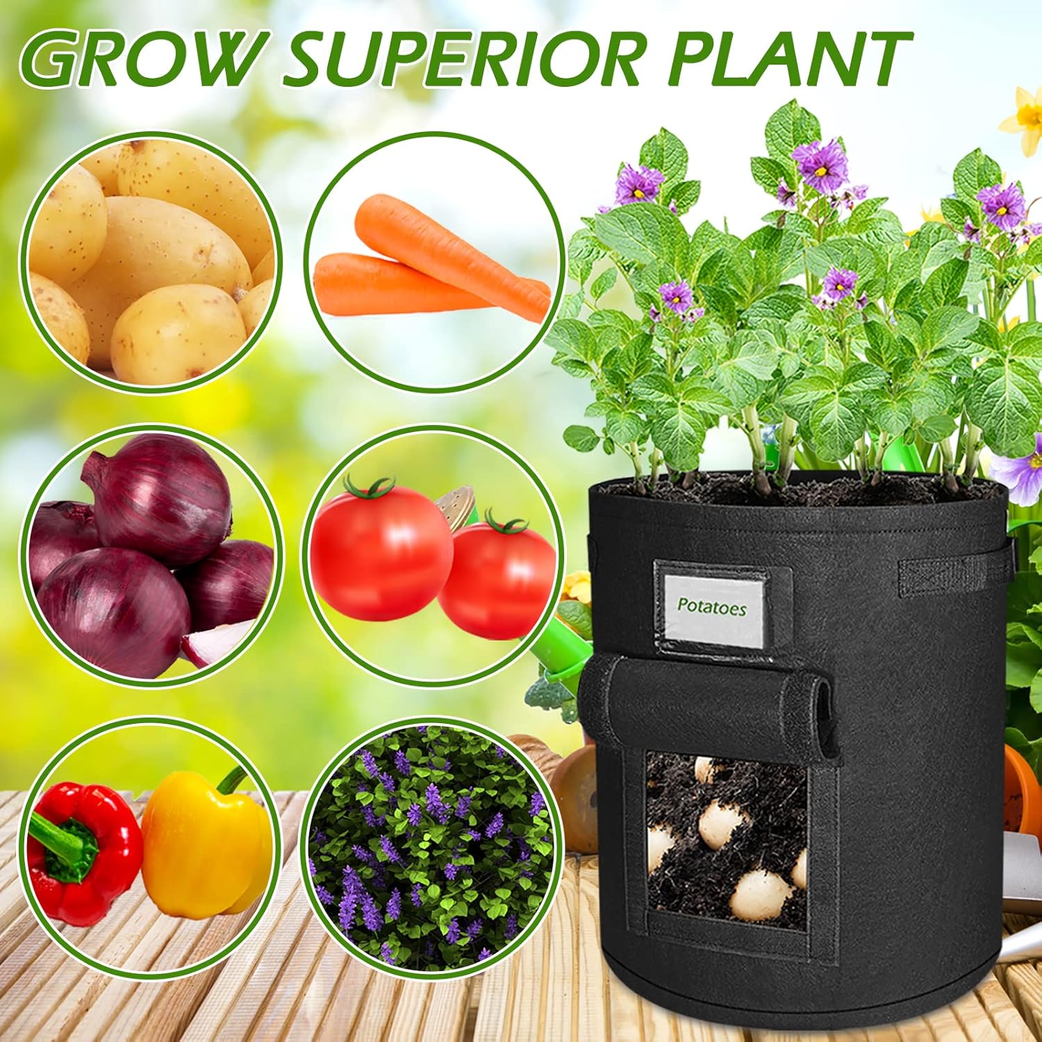 Plant Grow Bags,5 Pack 15 Gallon Plant Grow Bags for Vegetables, Breathable Potatoes Growing Bags with Handle, Thickened Large Non-woven Fabric Plant Growing Bags for Vegetables/Fruits/Flowers (Black)-6