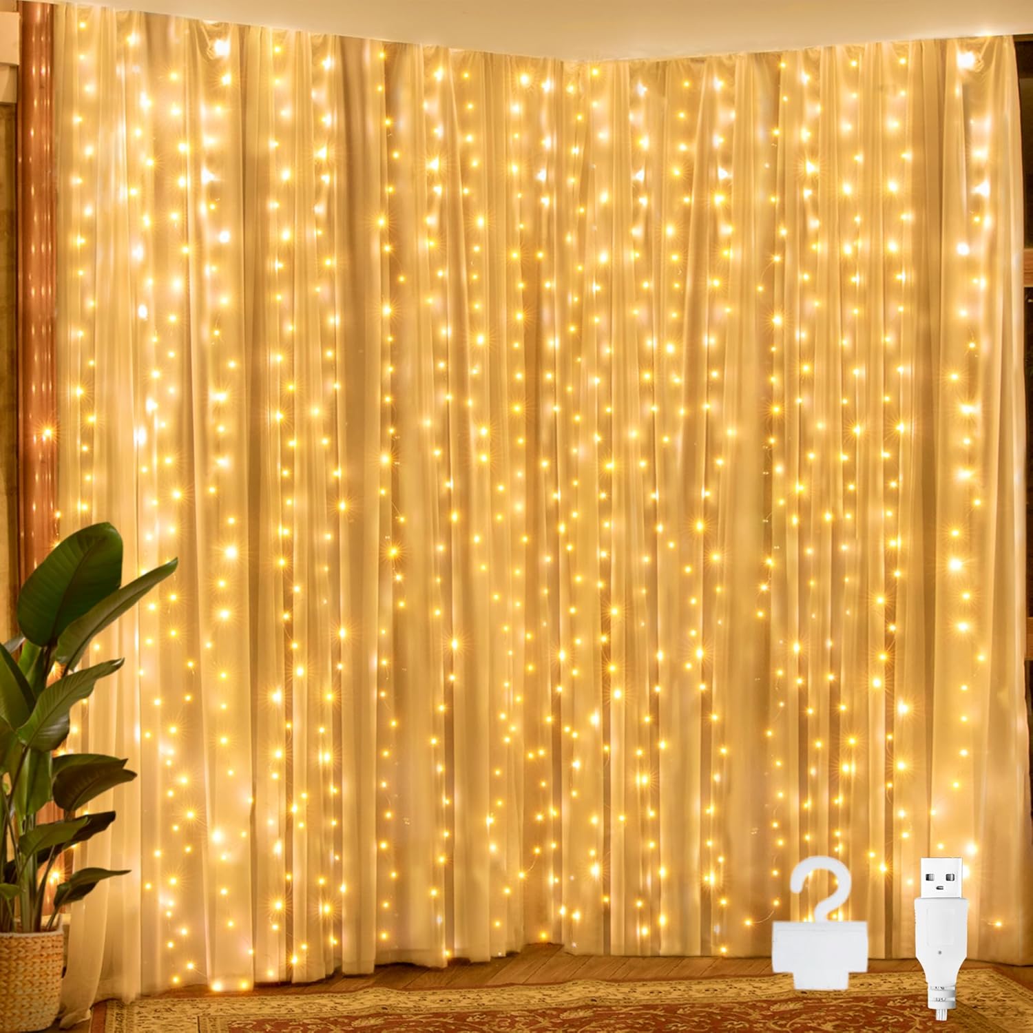 Ollny Curtain Fairy Lights, 200 LED 2m x 2m USB String Light Indoor Outdoor Waterproof Warm White Hanging Window Lights with Hooks, Bedroom/Outside/Wall/Door/House/Garden Decorations-0