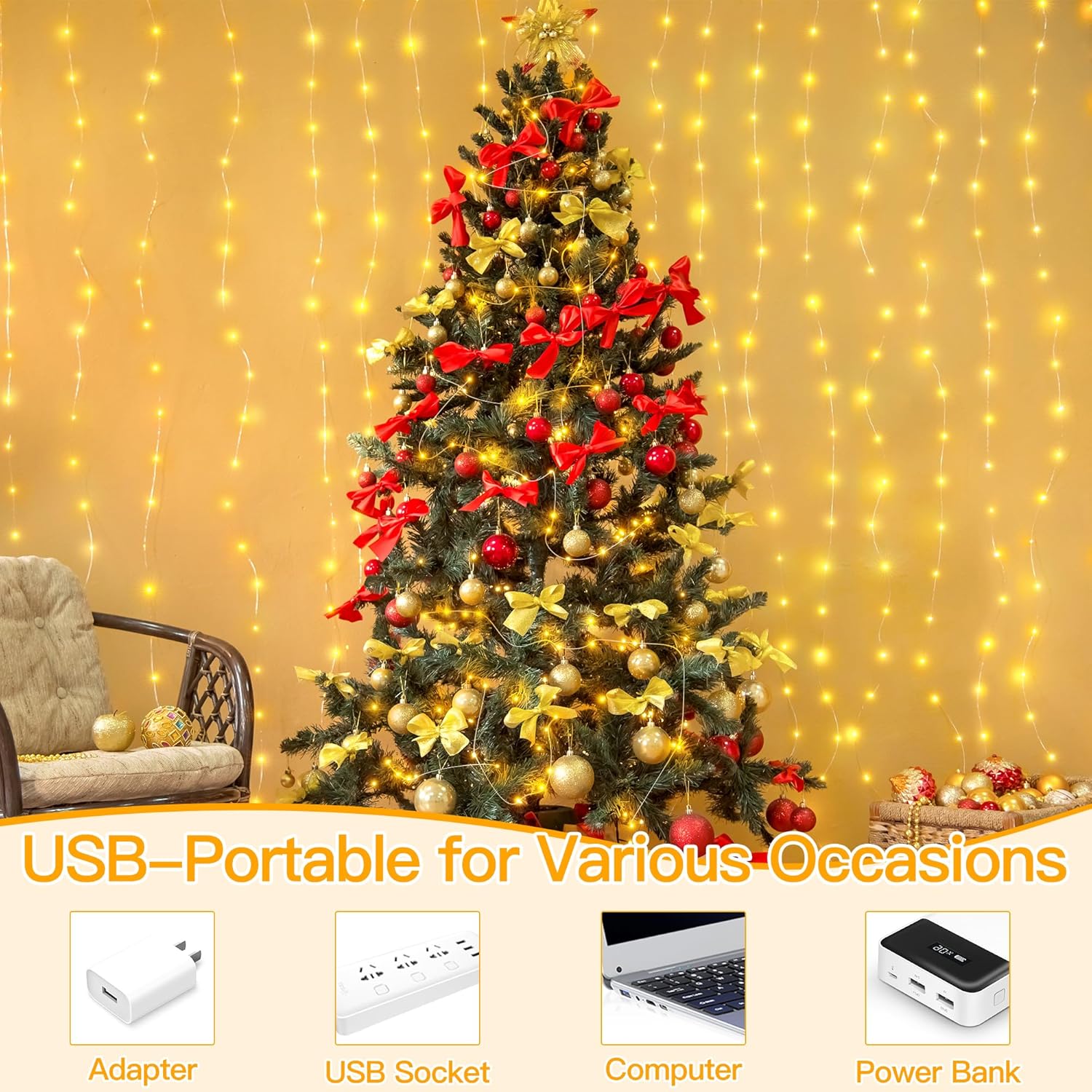 Ollny Curtain Fairy Lights, 200 LED 2m x 2m USB String Light Indoor Outdoor Waterproof Warm White Hanging Window Lights with Hooks, Bedroom/Outside/Wall/Door/House/Garden Decorations-3