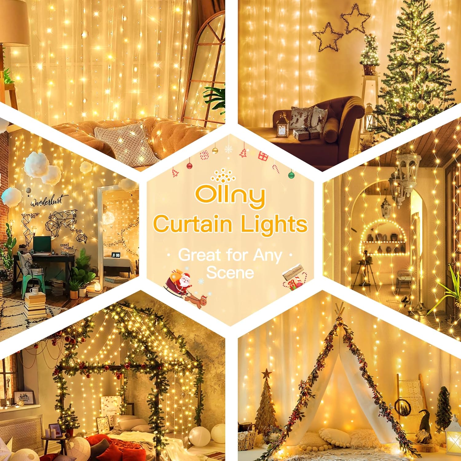 Ollny Curtain Fairy Lights, 200 LED 2m x 2m USB String Light Indoor Outdoor Waterproof Warm White Hanging Window Lights with Hooks, Bedroom/Outside/Wall/Door/House/Garden Decorations-5